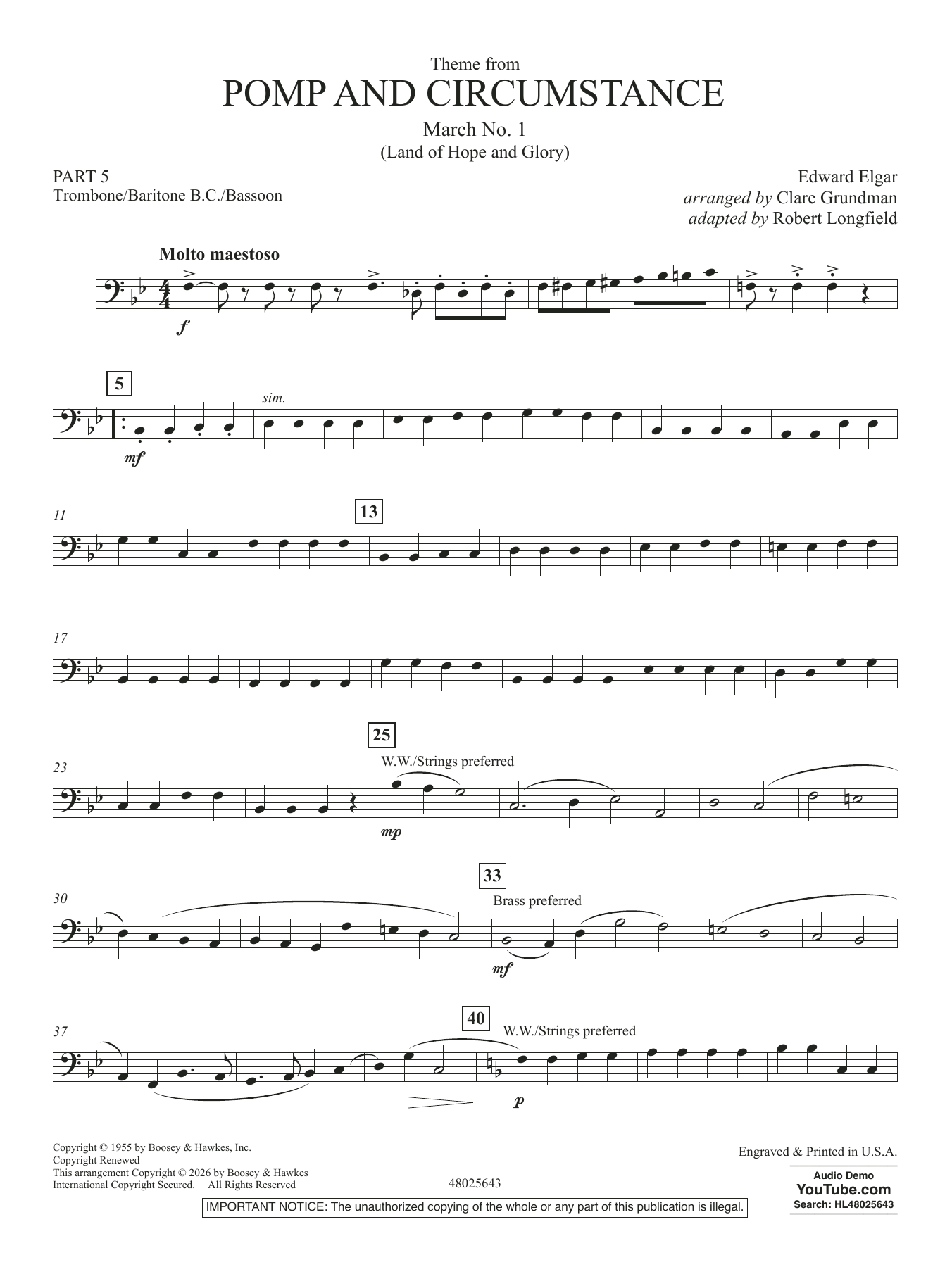 Theme From Pomp And Circumstance March No.1 - Pt.5 - Trombone/Bar. B.C./Bsn.
