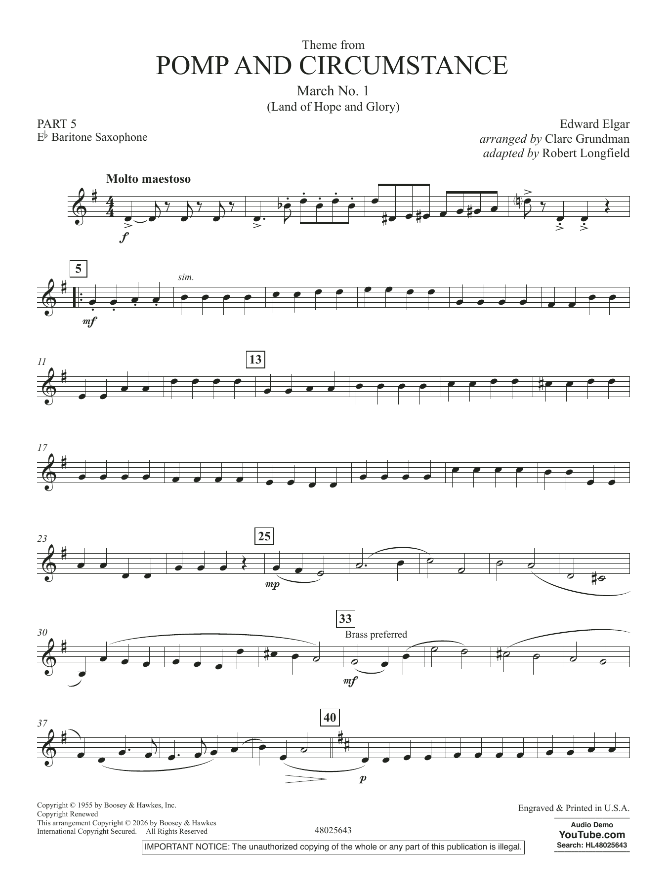 Theme From Pomp And Circumstance March No.1 - Pt.5 - Eb Baritone Saxophone