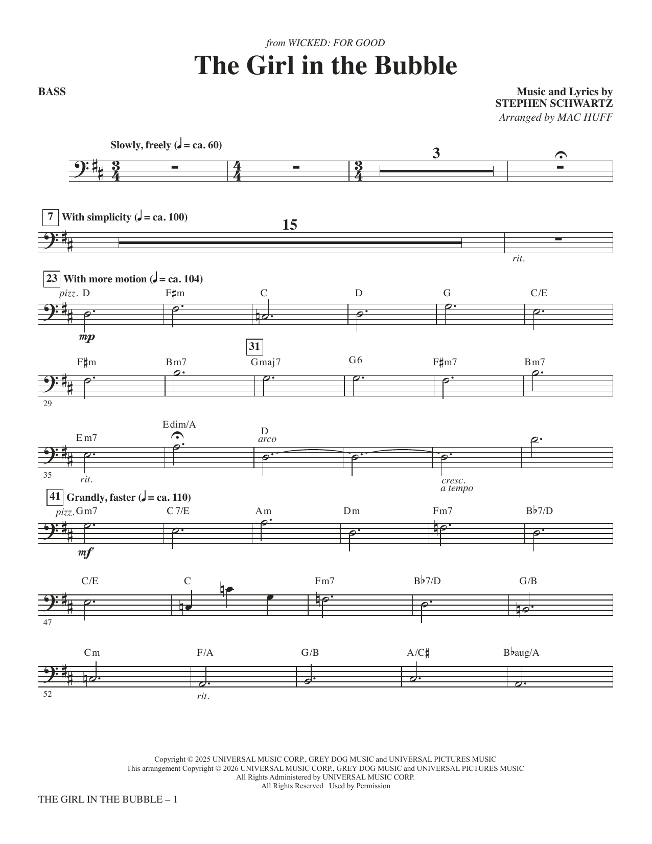 The Girl in the Bubble (from Wicked: For Good) (arr. Mac Huff) - Bass: Choral Instrumental Pak