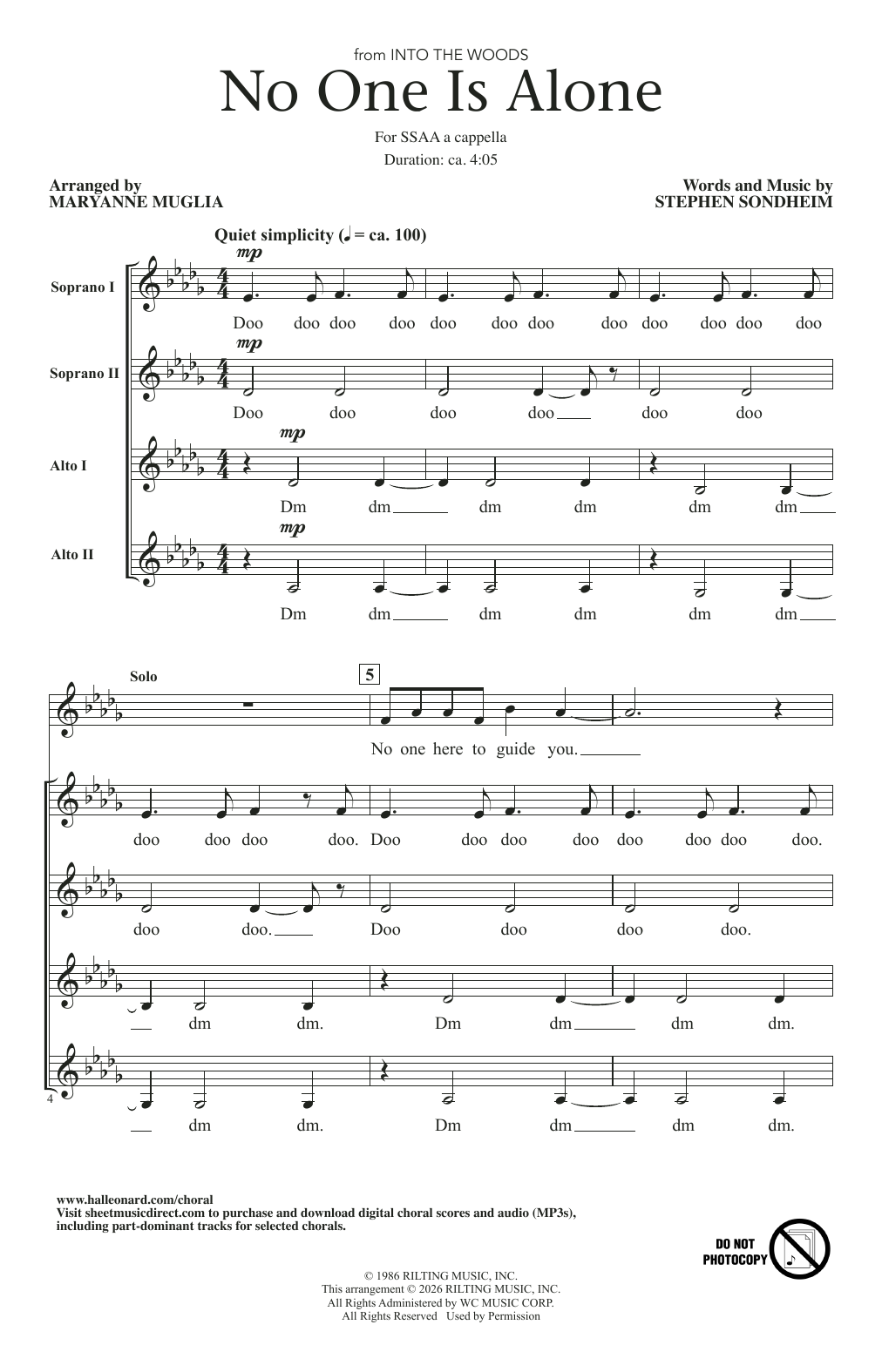 No One Is Alone (from Into The Woods) (arr. MaryAnne Muglia): SSAA Choral Octavo