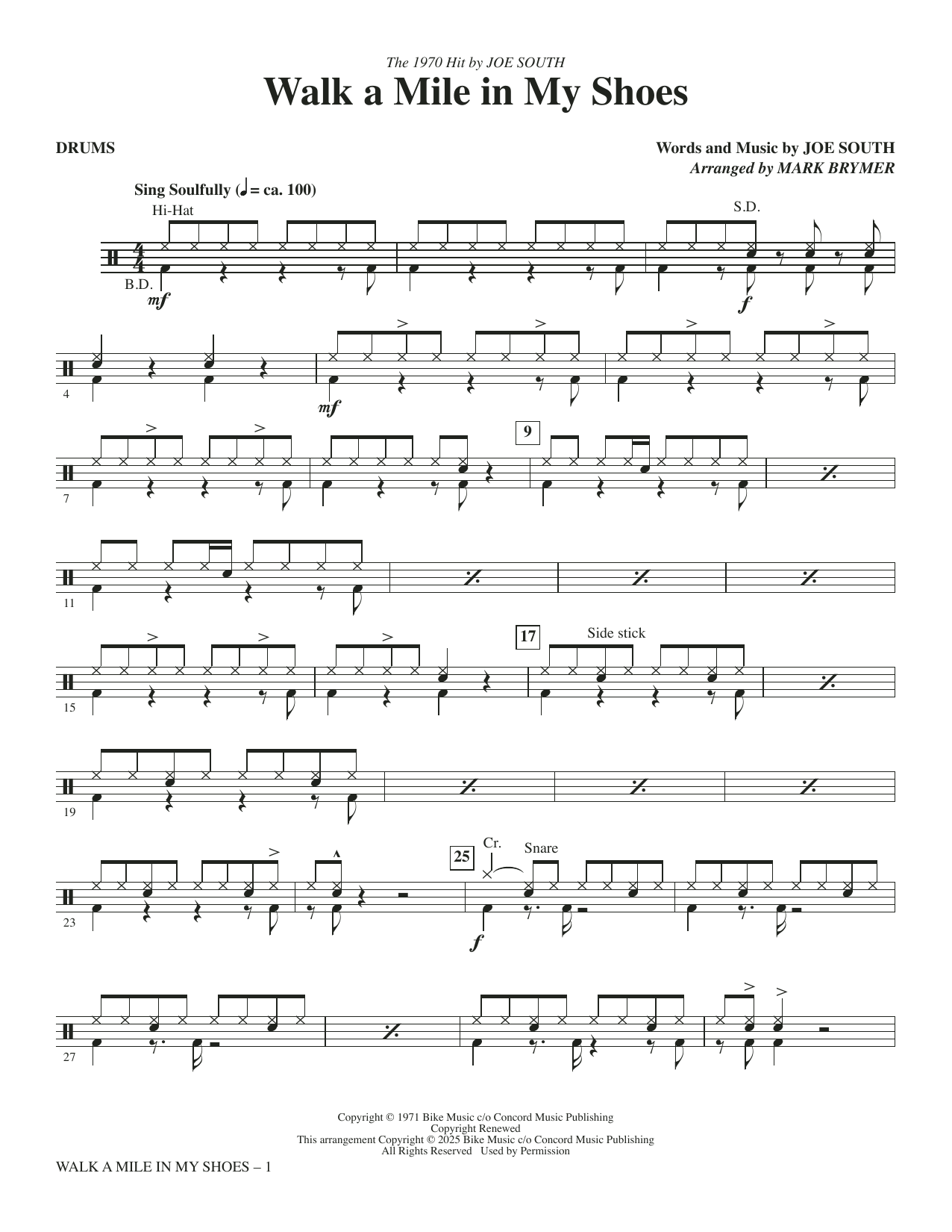 Walk A Mile In My Shoes (arr. Mark Brymer) - Drums: Choral Instrumental Pak