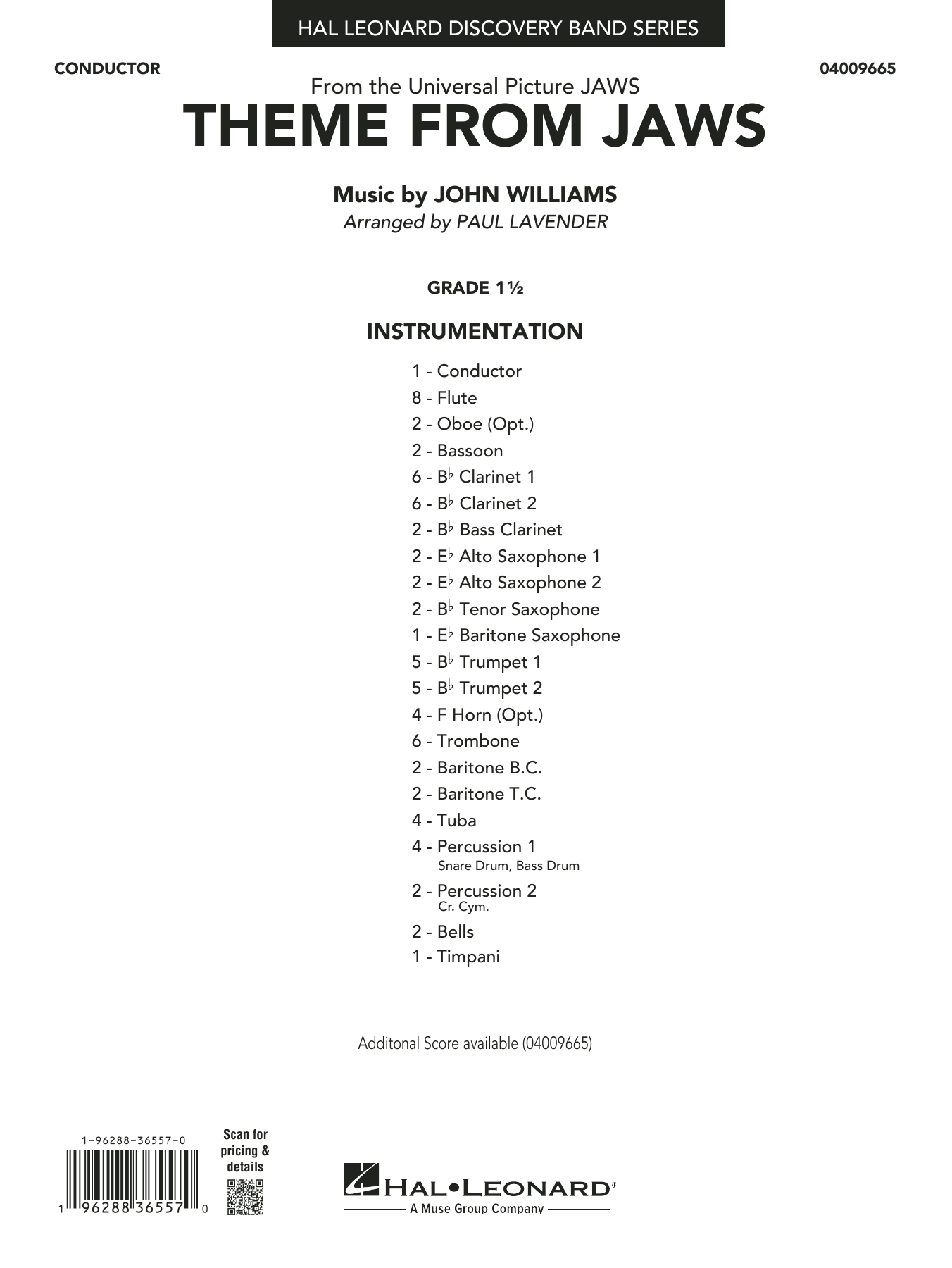 Theme From Jaws (arr. Paul Lavender): Concert Band Conductor Score & Parts