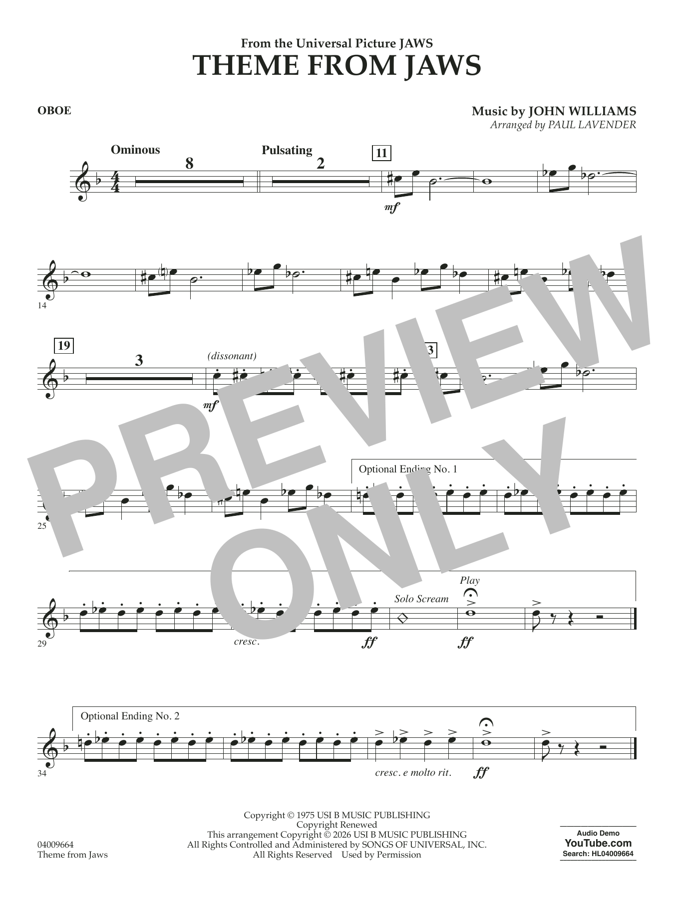 Theme From Jaws (arr. Paul Lavender) - Oboe