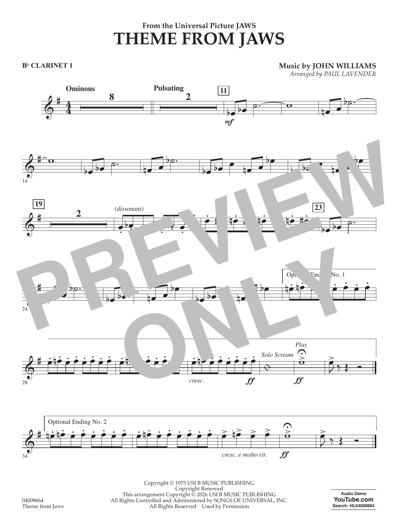 Theme From Jaws (arr. Paul Lavender) - Bb Clarinet 1