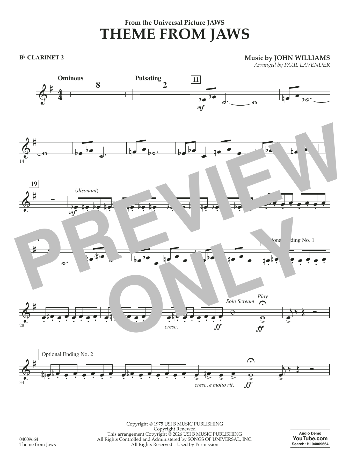 Theme From Jaws (arr. Paul Lavender) - Bb Clarinet 2