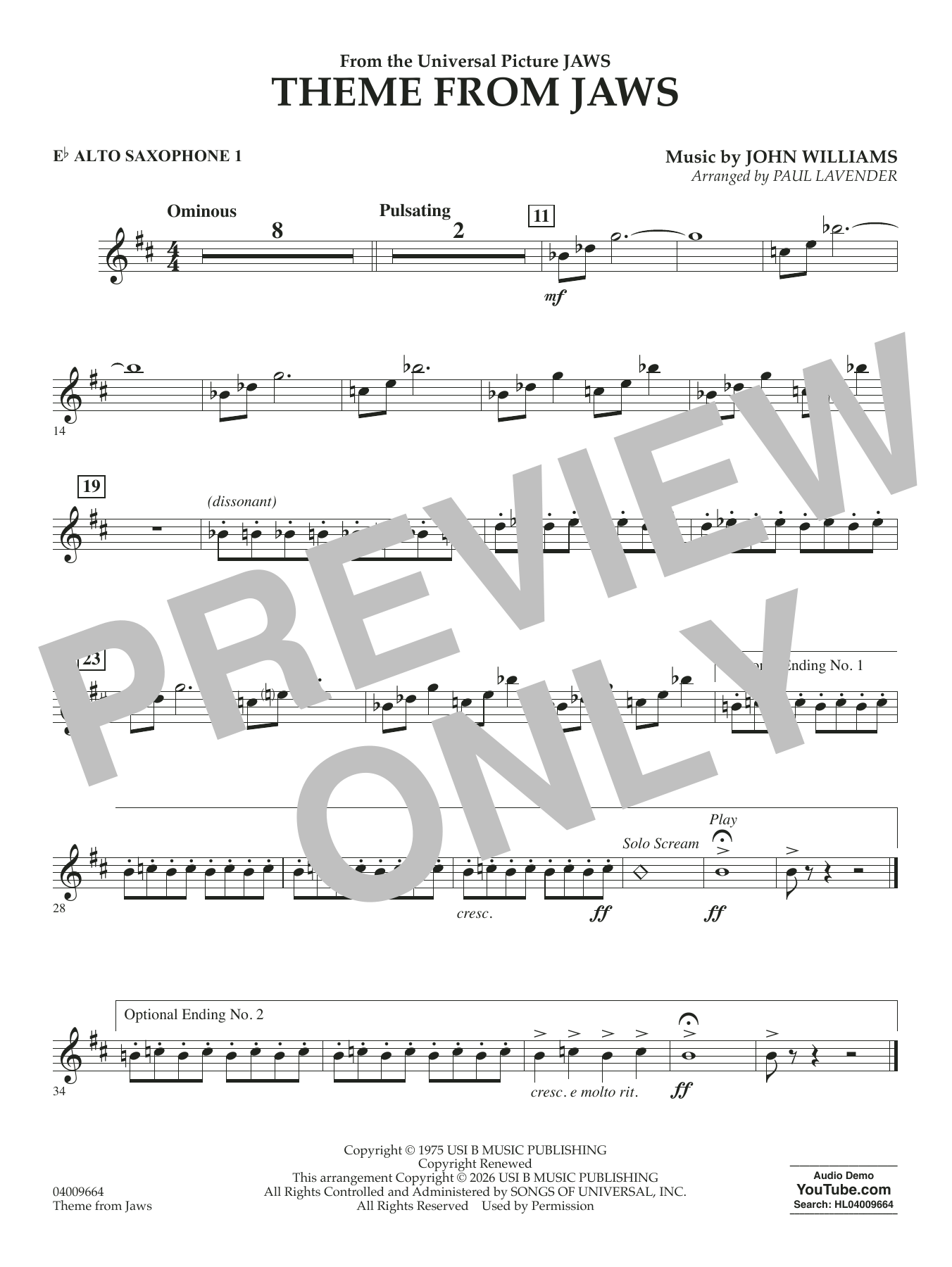 Theme From Jaws (arr. Paul Lavender) - Eb Alto Sax 1