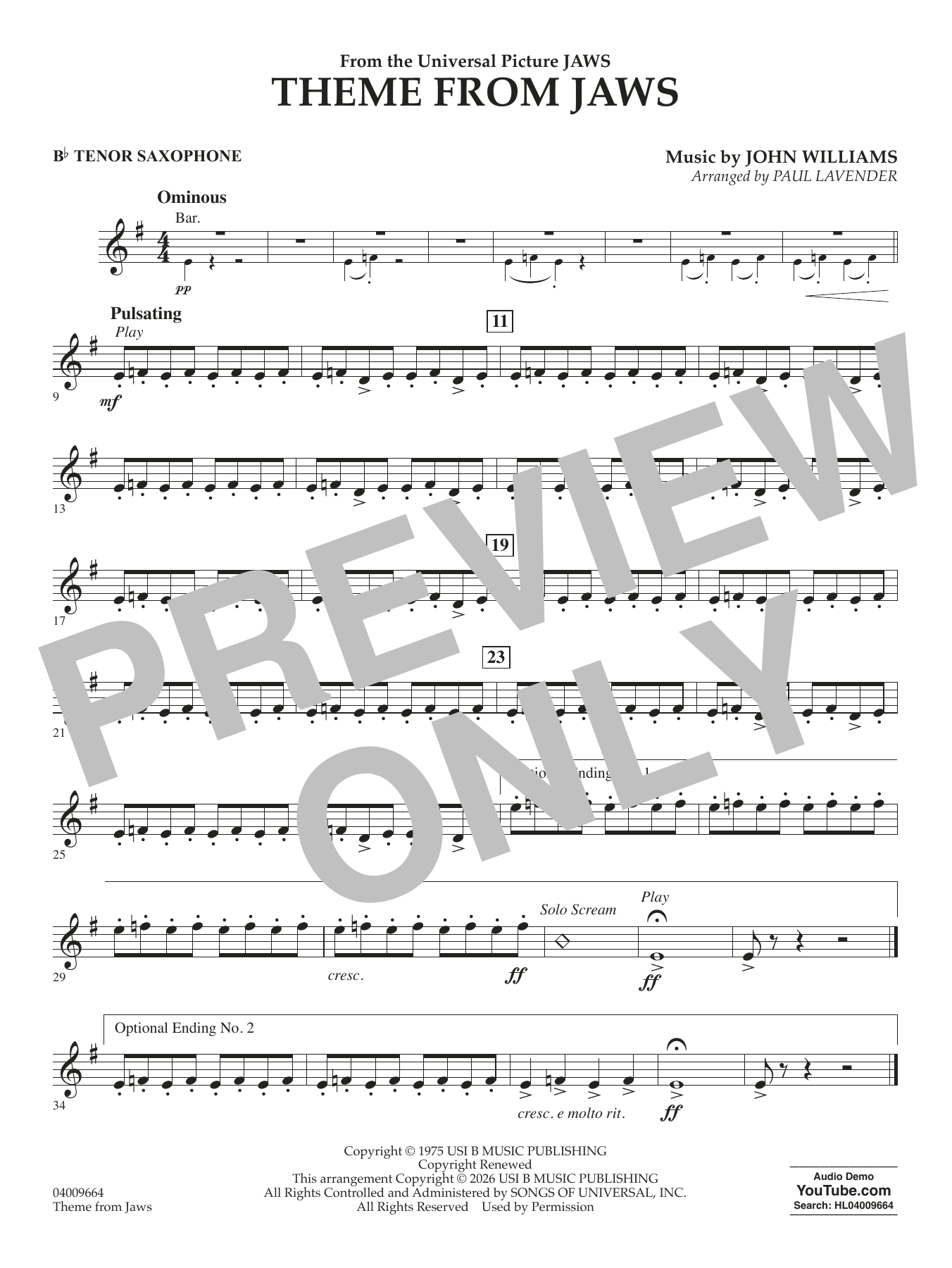 Theme From Jaws (arr. Paul Lavender) - Bb Tenor Saxophone
