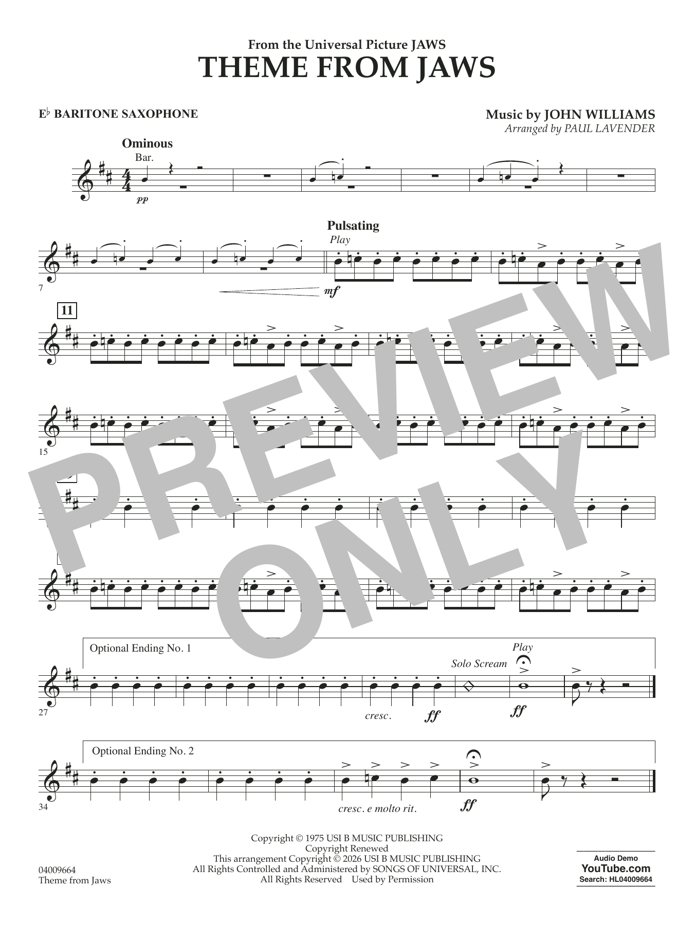Theme From Jaws (arr. Paul Lavender) - Eb Baritone Saxophone