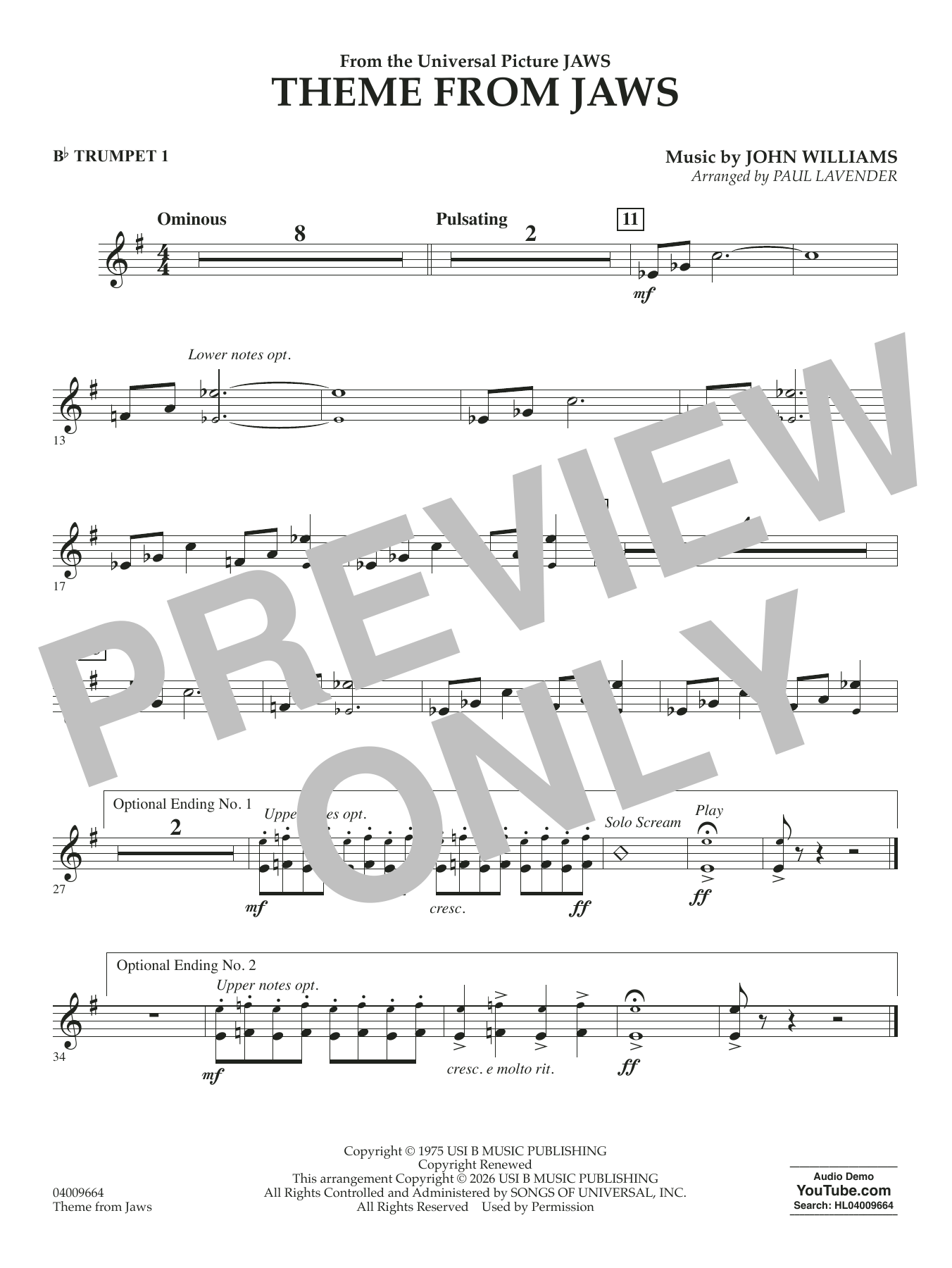 Theme From Jaws (arr. Paul Lavender) - Bb Trumpet 1