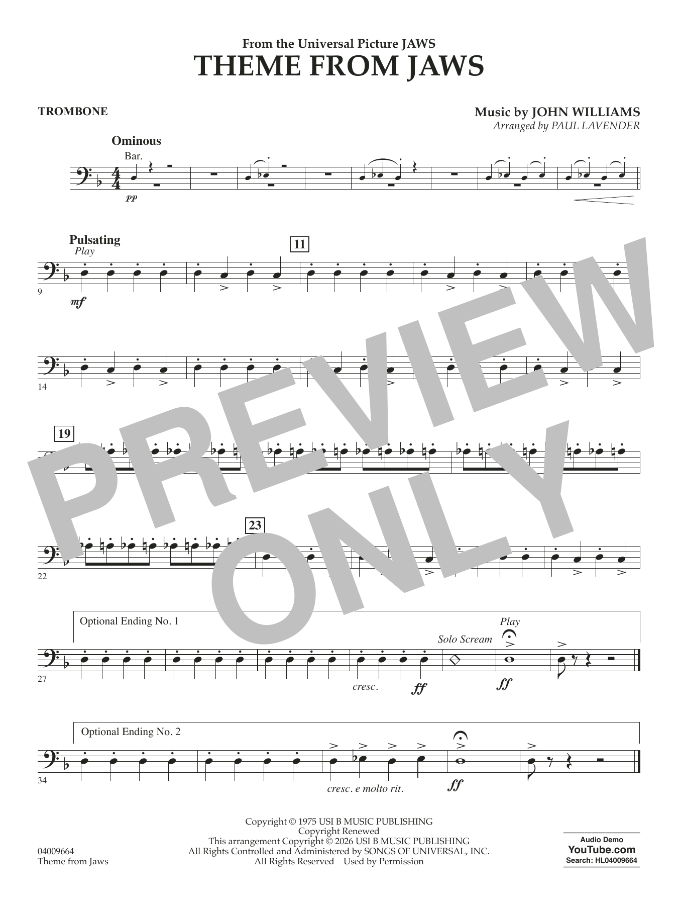 Theme From Jaws (arr. Paul Lavender) - Trombone