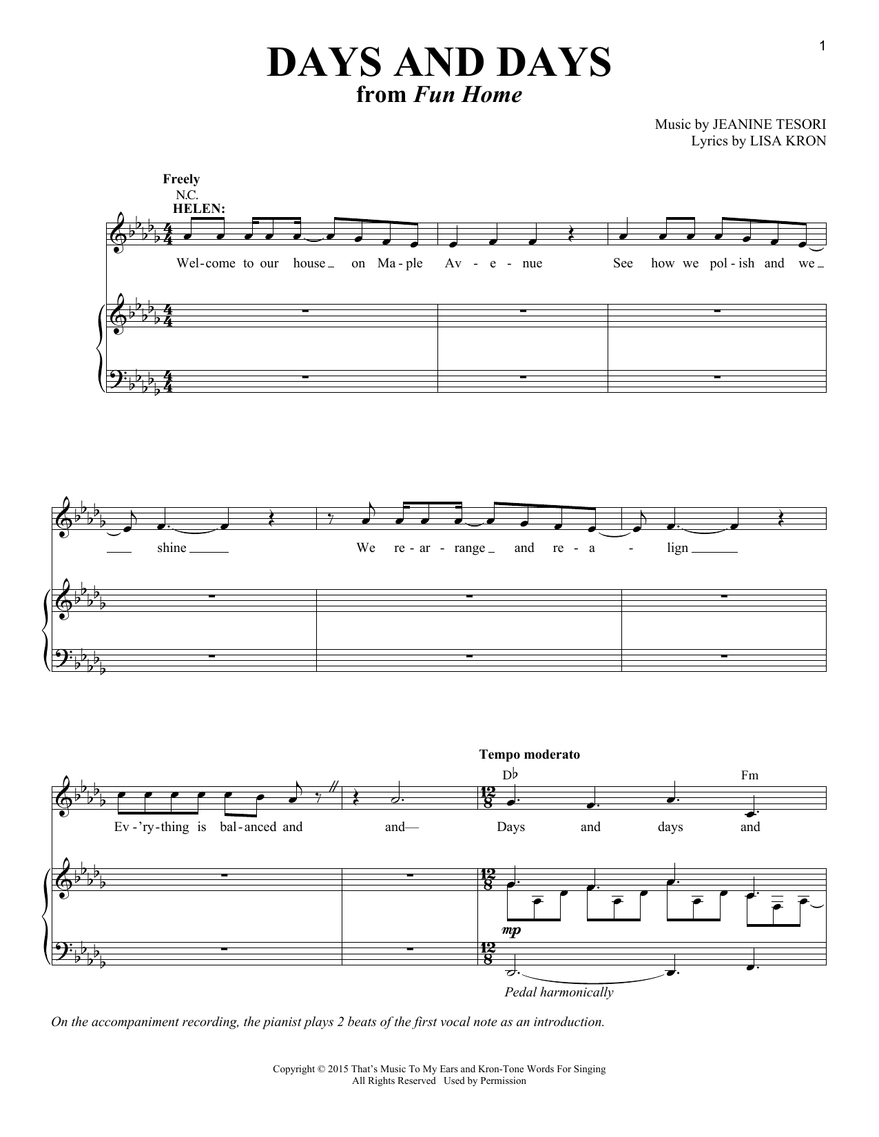 Days And Days (from Fun Home): Piano Vocal