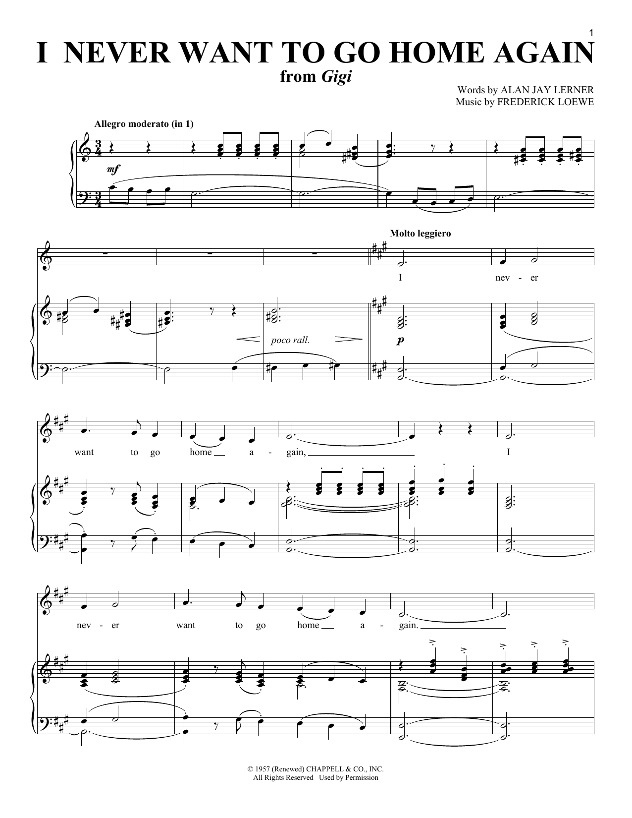 I Never Want To Go Home Again (from Gigi): Piano Vocal