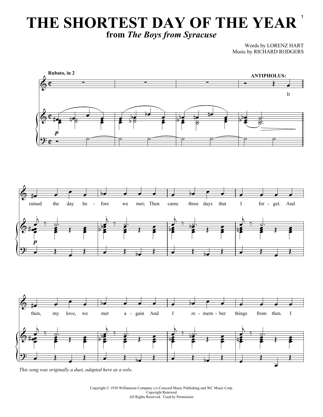 The Shortest Day Of The Year (from The Boys From Syracuse): Piano Vocal