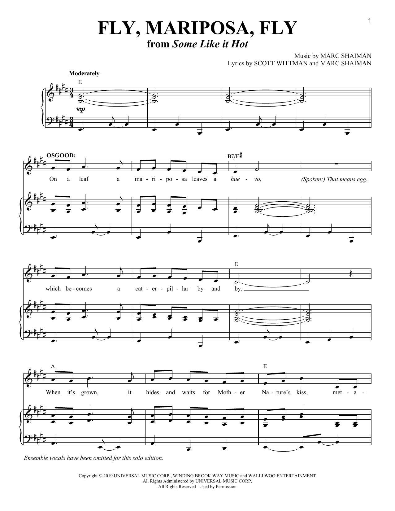 Fly, Mariposa, Fly (from Some Like It Hot): Piano Vocal