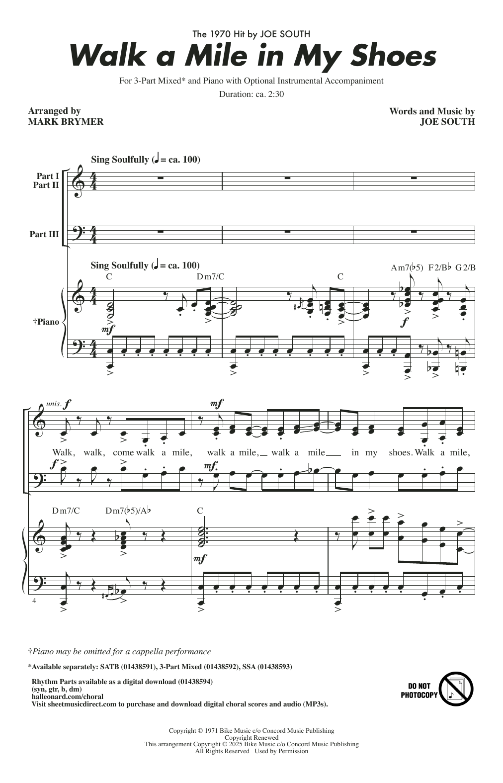 Walk A Mile In My Shoes (arr. Mark Brymer): 3-Part Mixed Choral Octavo