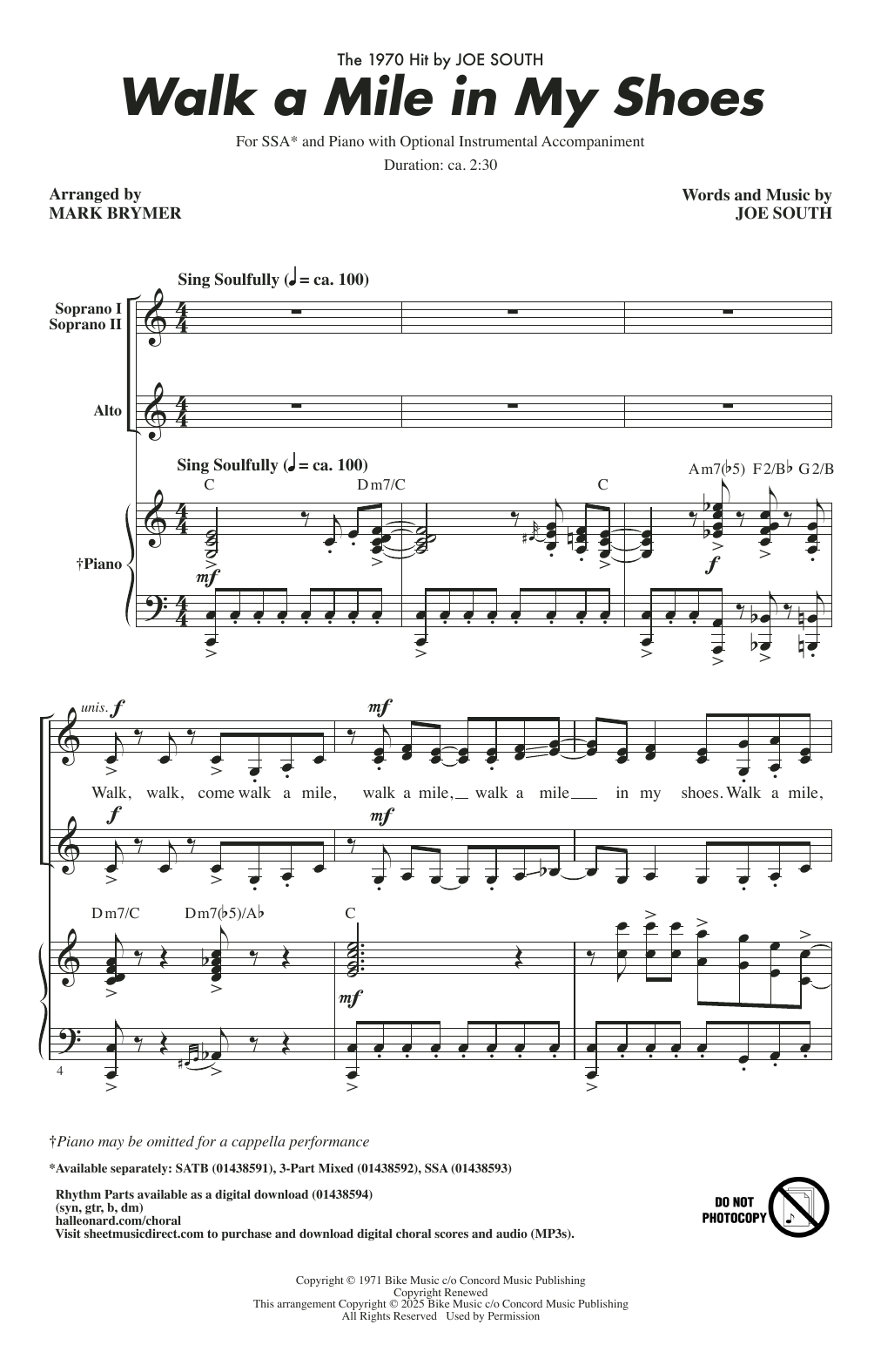 Walk A Mile In My Shoes (arr. Mark Brymer): SSA Choral Octavo