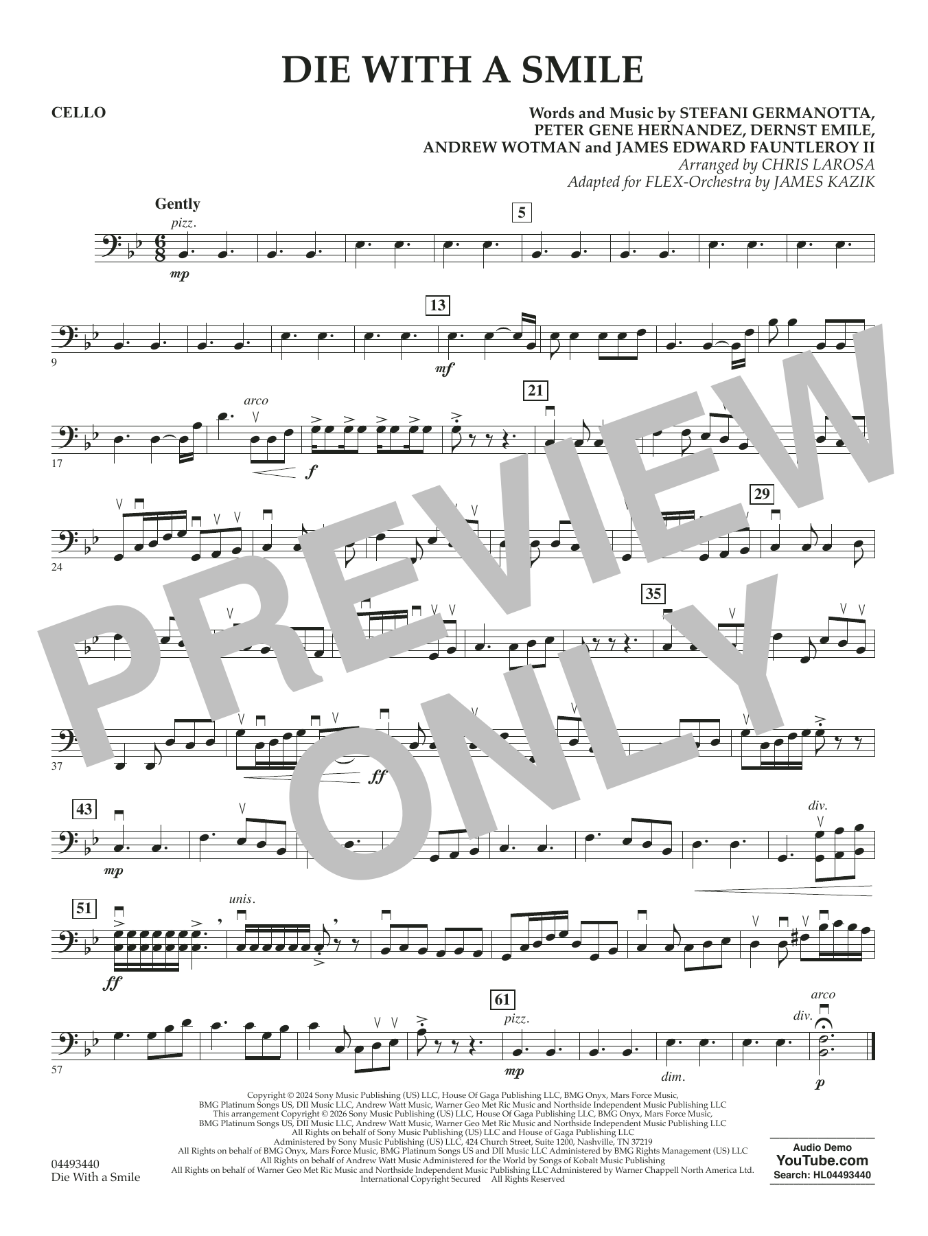 Die With A Smile (arr. Chris Larosa) - Cello