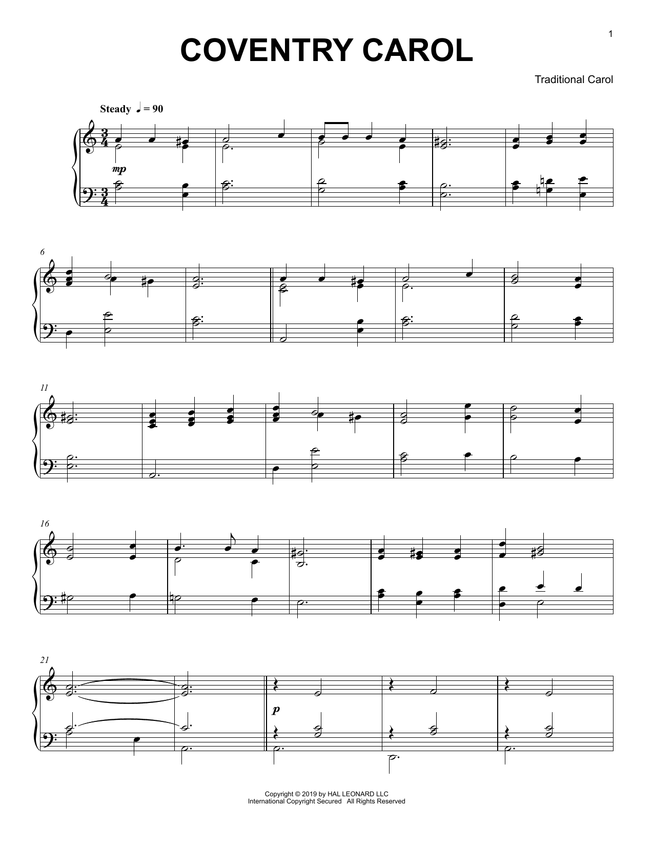 Coventry Carol: Piano Solo