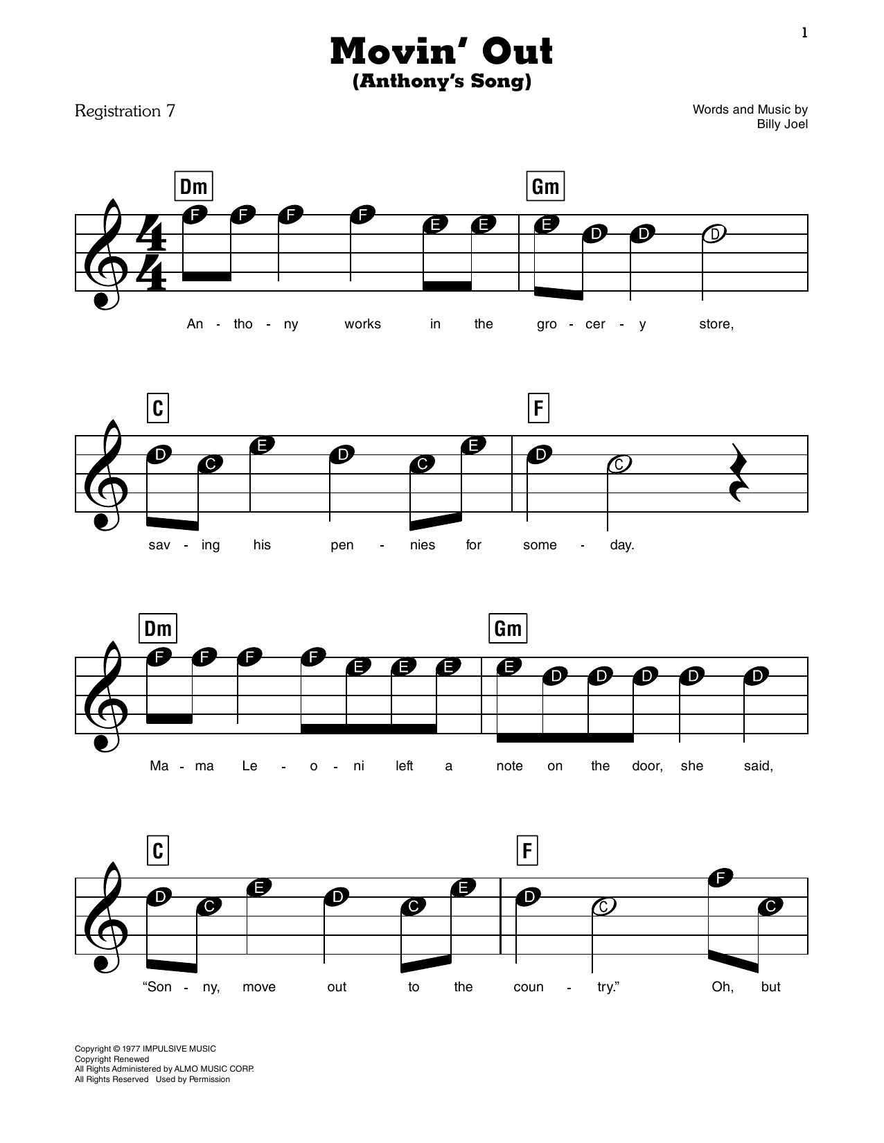 Movin' Out (Anthony's Song): E-Z Play Today