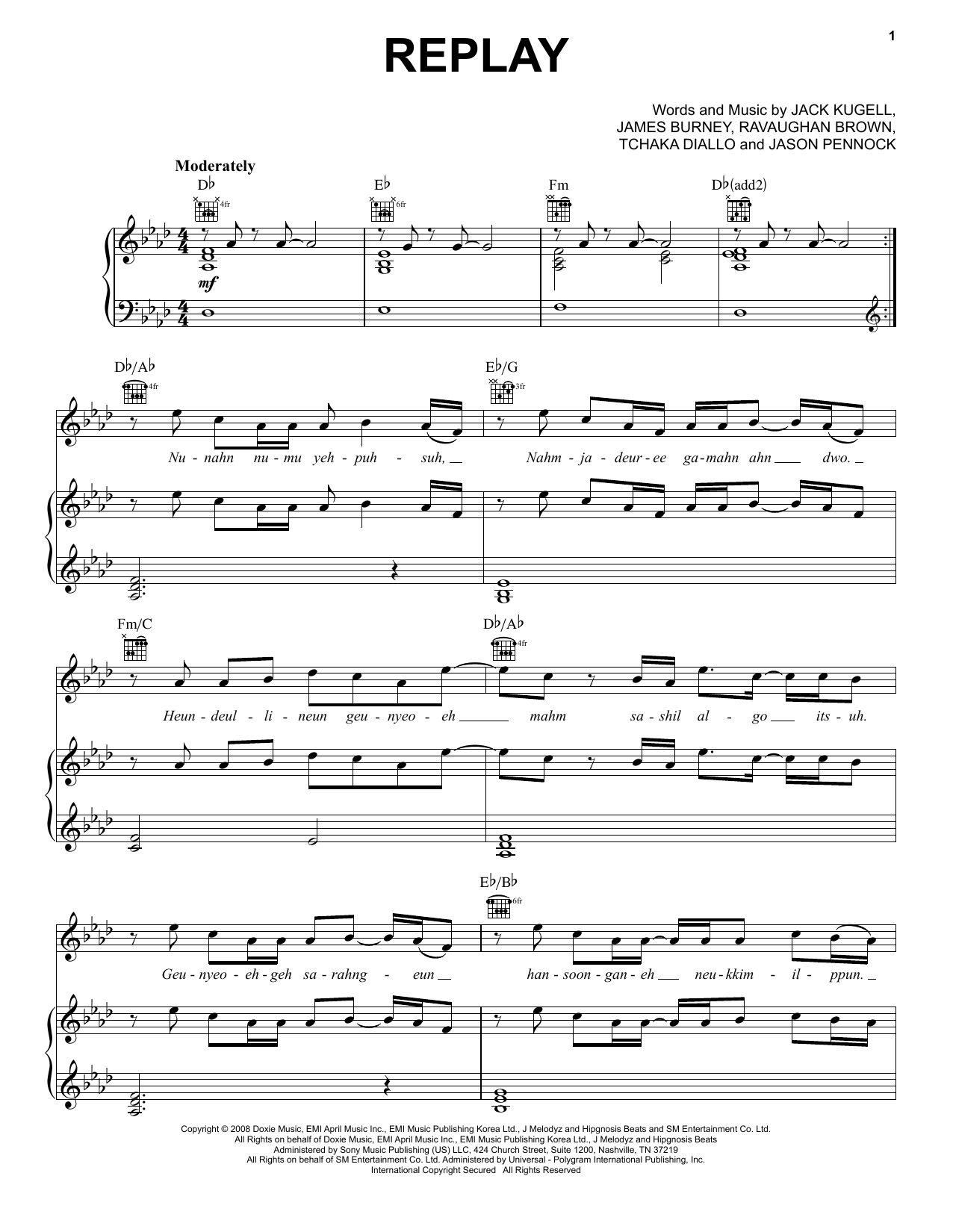 Replay: Piano/Vocal/Guitar Sheet