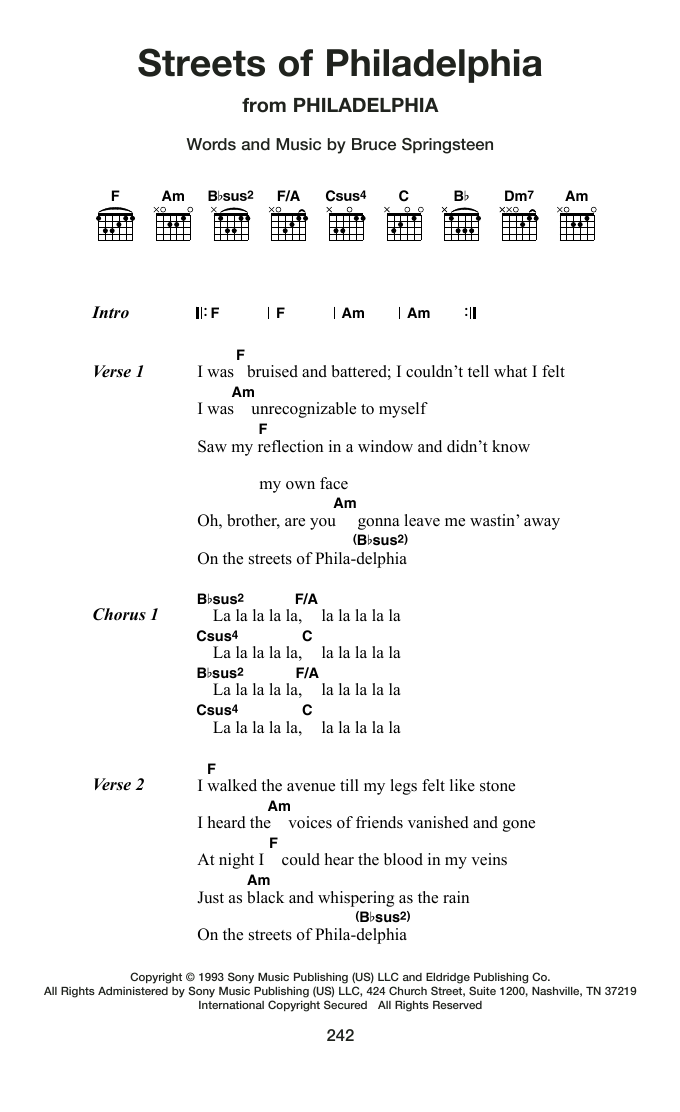 Streets Of Philadelphia: Guitar Chords/Lyrics