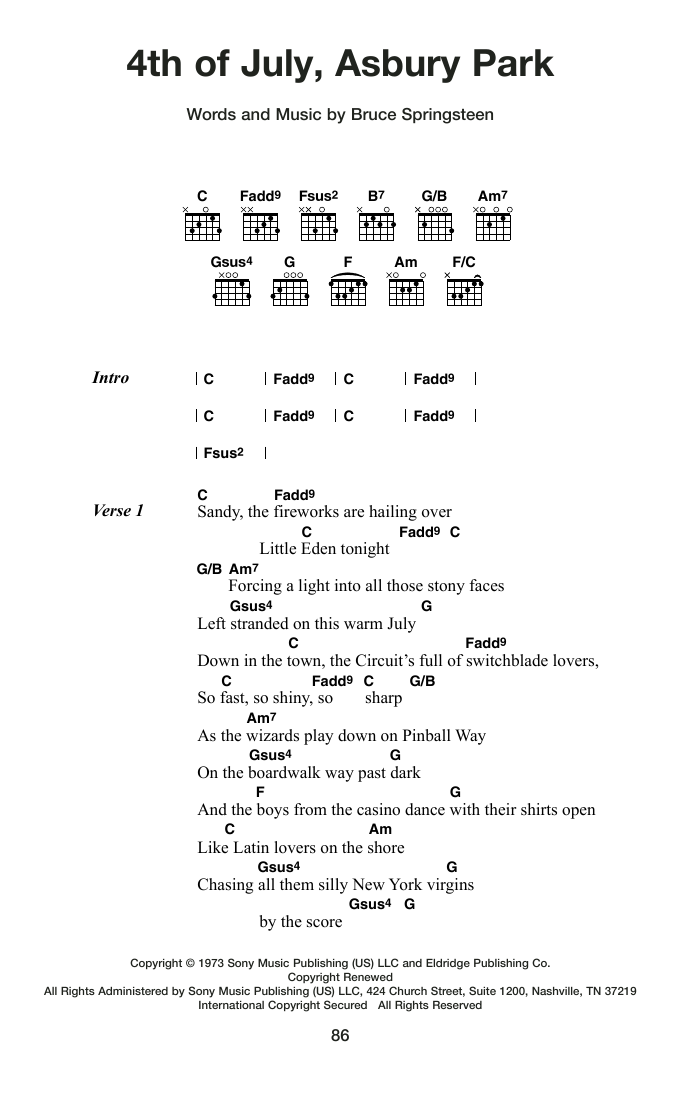 4th of July, Asbury Park: Guitar Chords/Lyrics