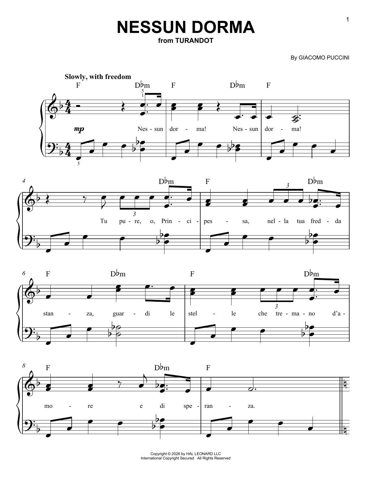 Nessun Dorma: Easy Piano