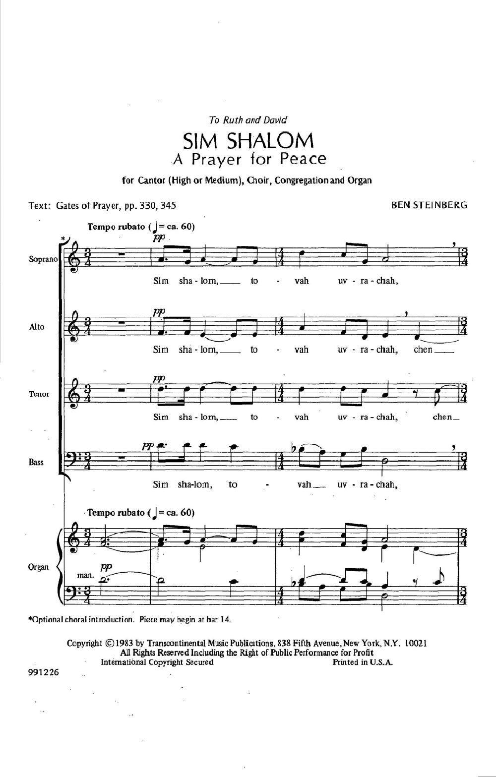Sim Shalom (Prayer For Peace): SATB Choral Octavo
