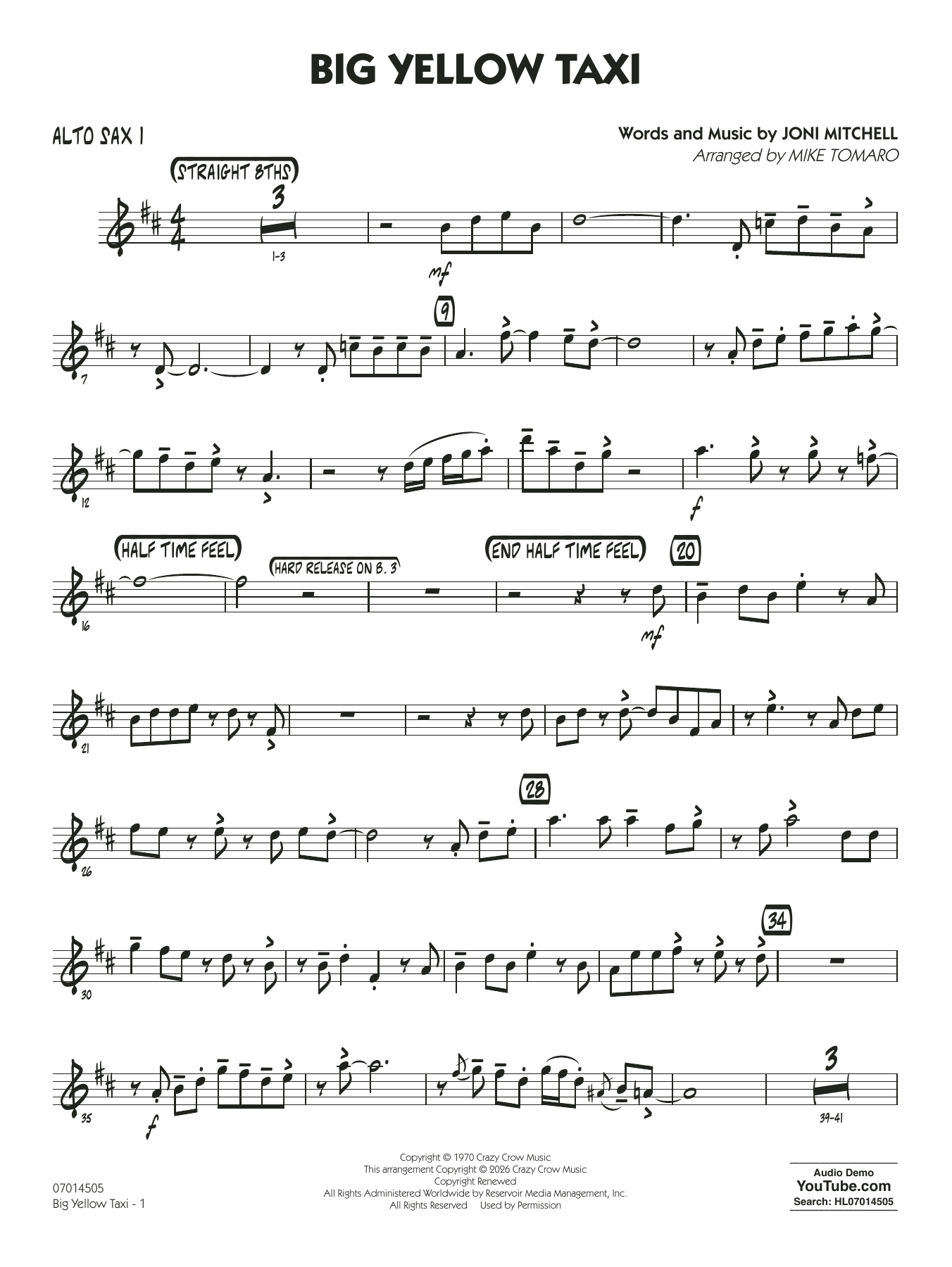 Big Yellow Taxi (arr. Mike Tomaro) - Alto Sax 1