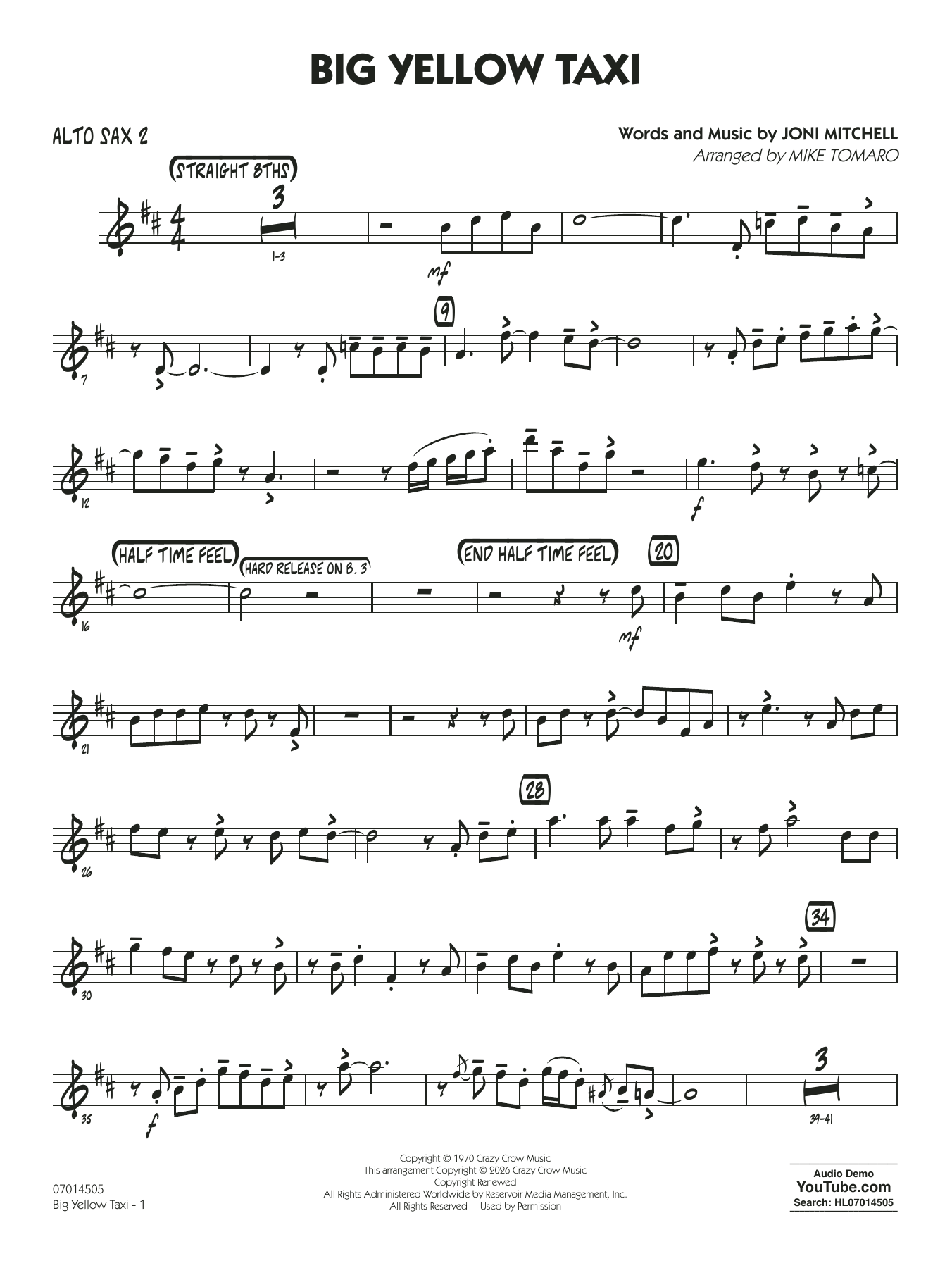Big Yellow Taxi (arr. Mike Tomaro) - Alto Sax 2