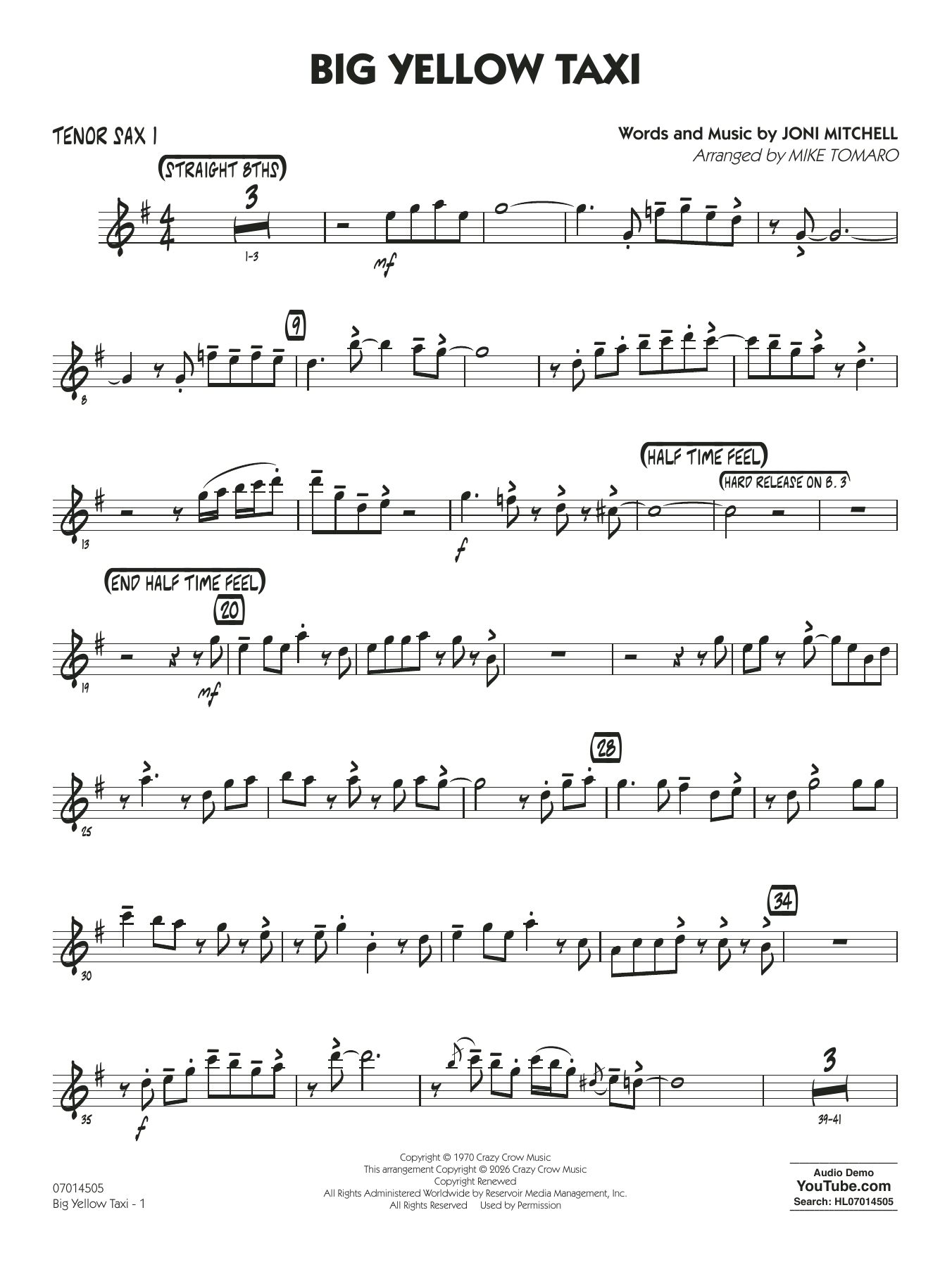 Big Yellow Taxi (arr. Mike Tomaro) - Tenor Sax 1
