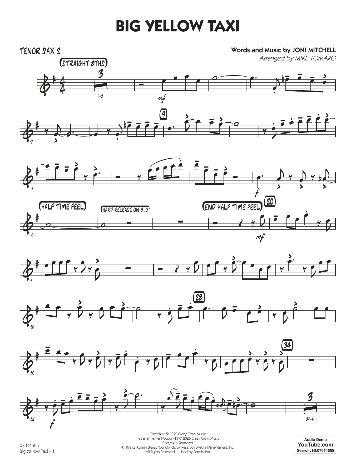 Big Yellow Taxi (arr. Mike Tomaro) - Tenor Sax 2