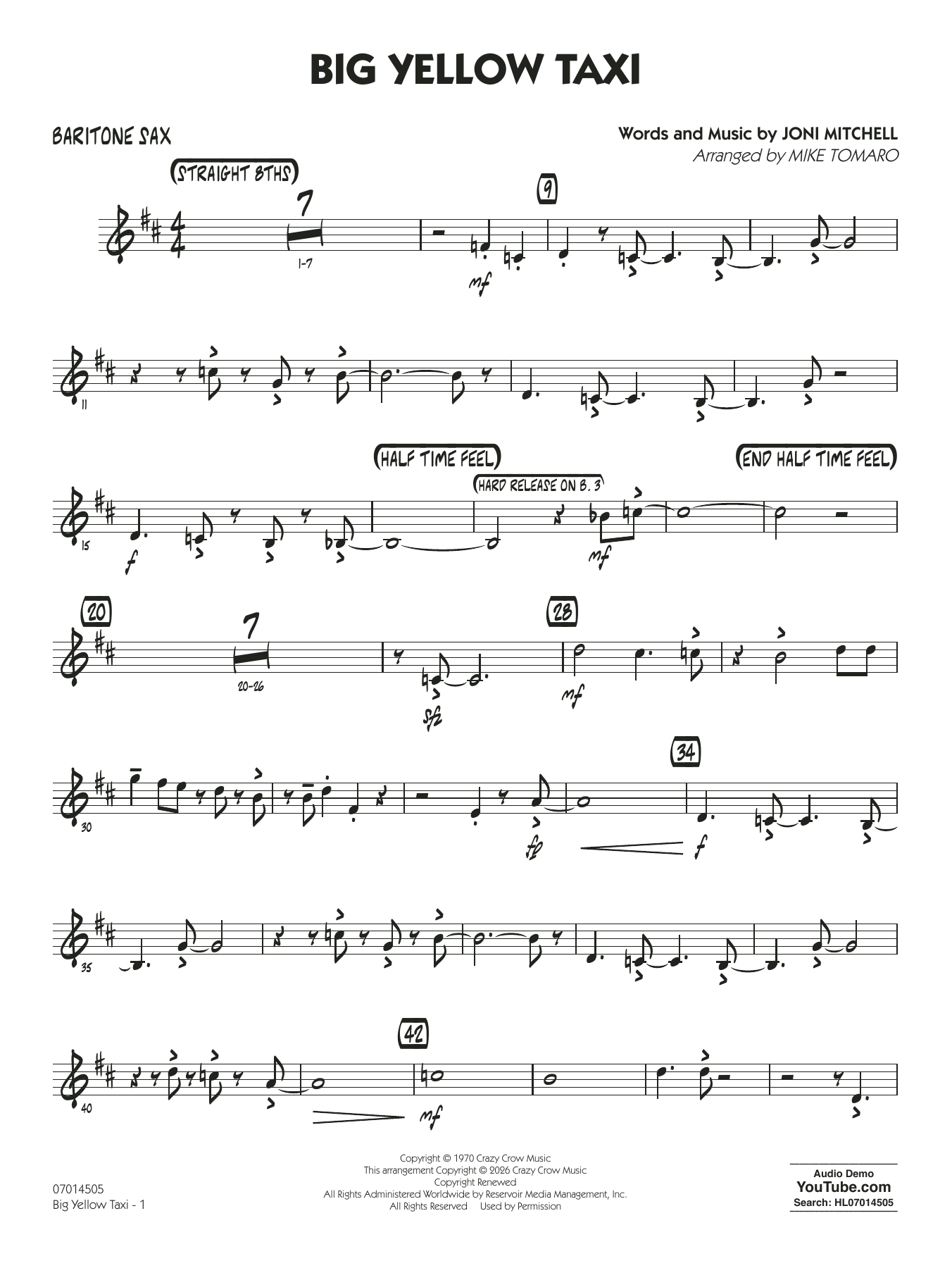 Big Yellow Taxi (arr. Mike Tomaro) - Baritone Sax