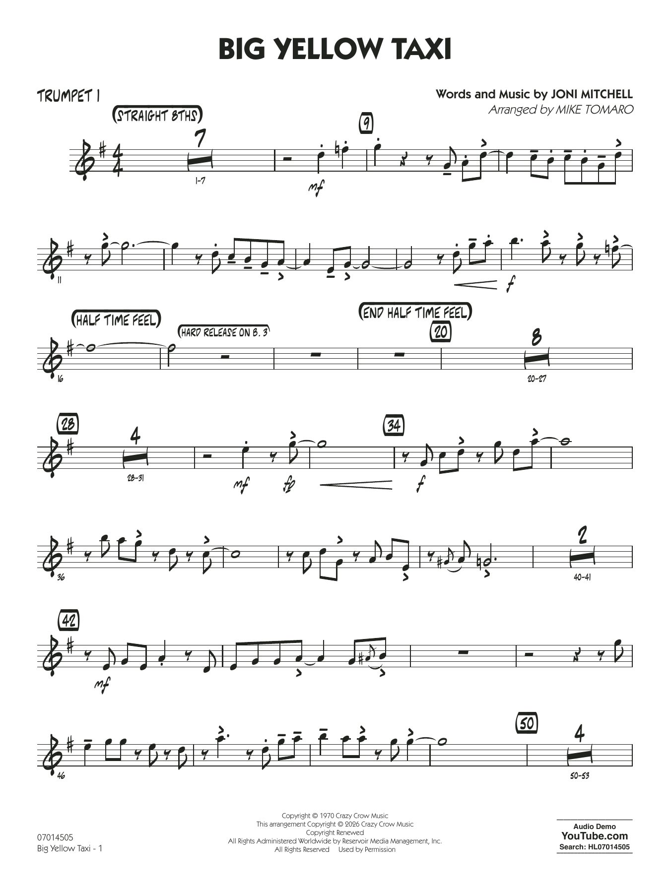 Big Yellow Taxi (arr. Mike Tomaro) - Trumpet 1