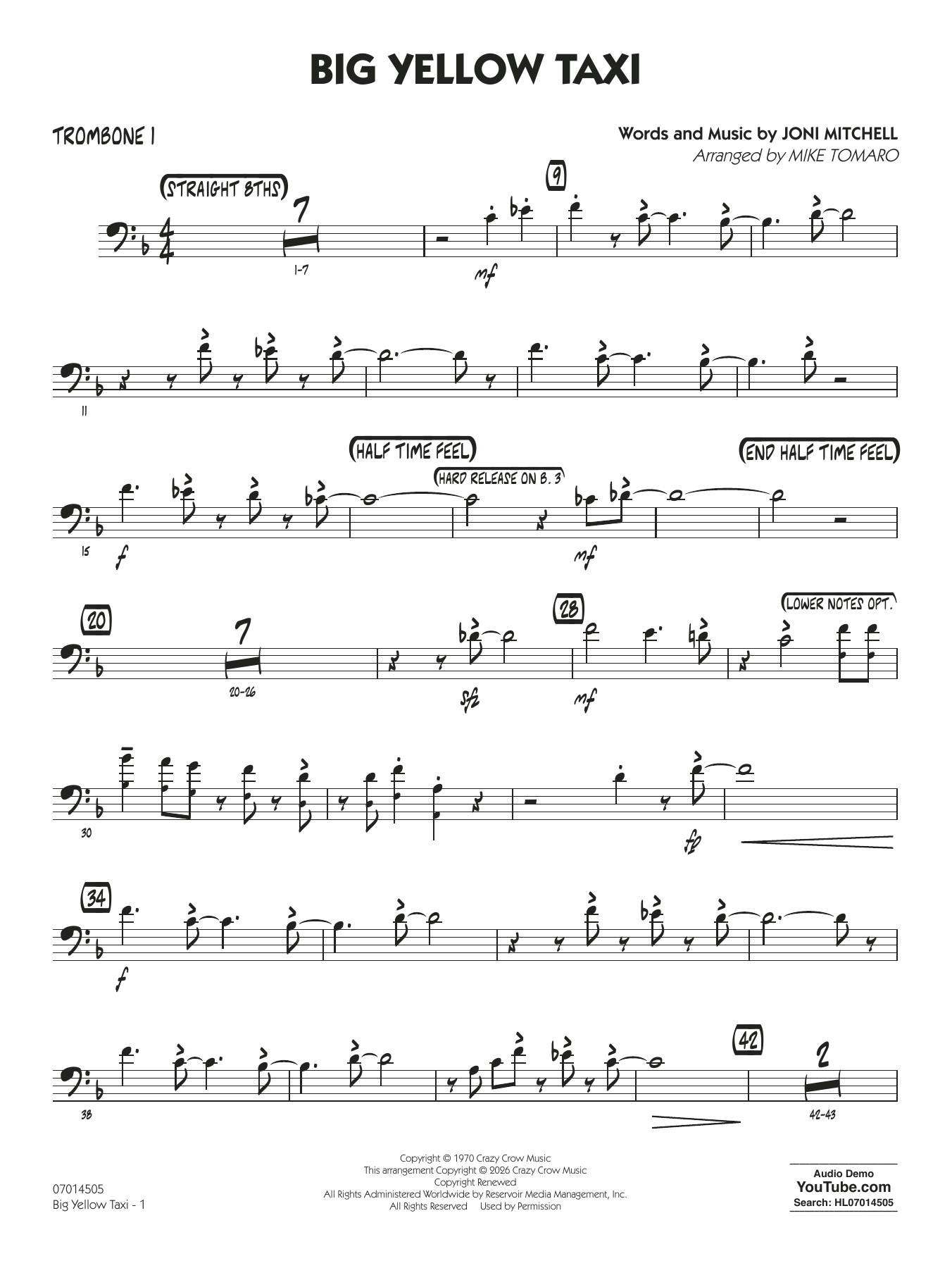 Big Yellow Taxi (arr. Mike Tomaro) - Trombone 1