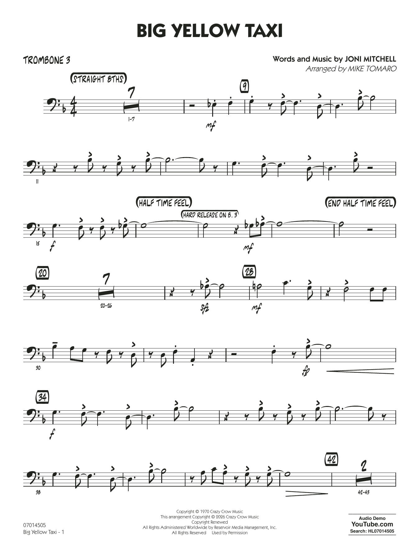Big Yellow Taxi (arr. Mike Tomaro) - Trombone 3