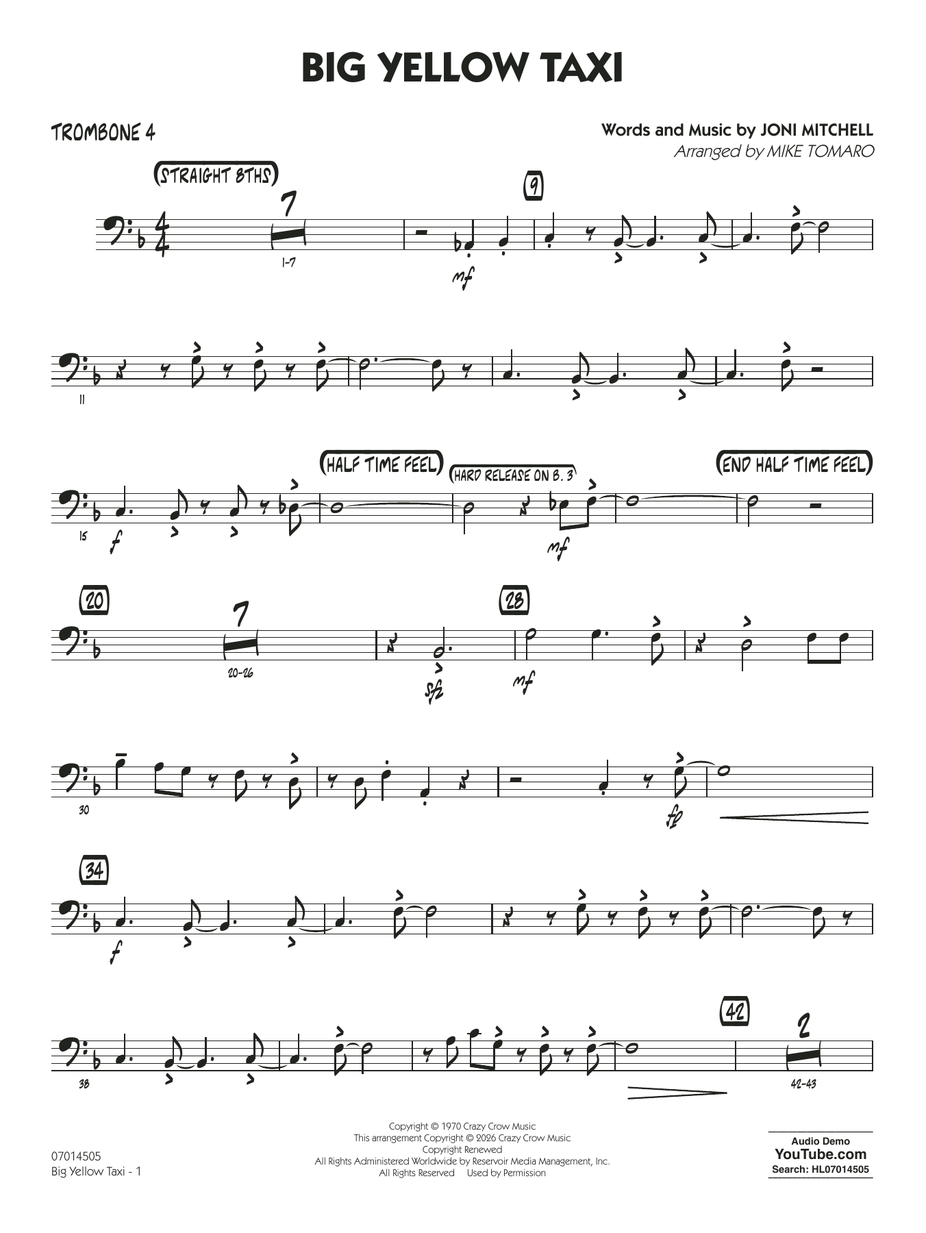 Big Yellow Taxi (arr. Mike Tomaro) - Trombone 4