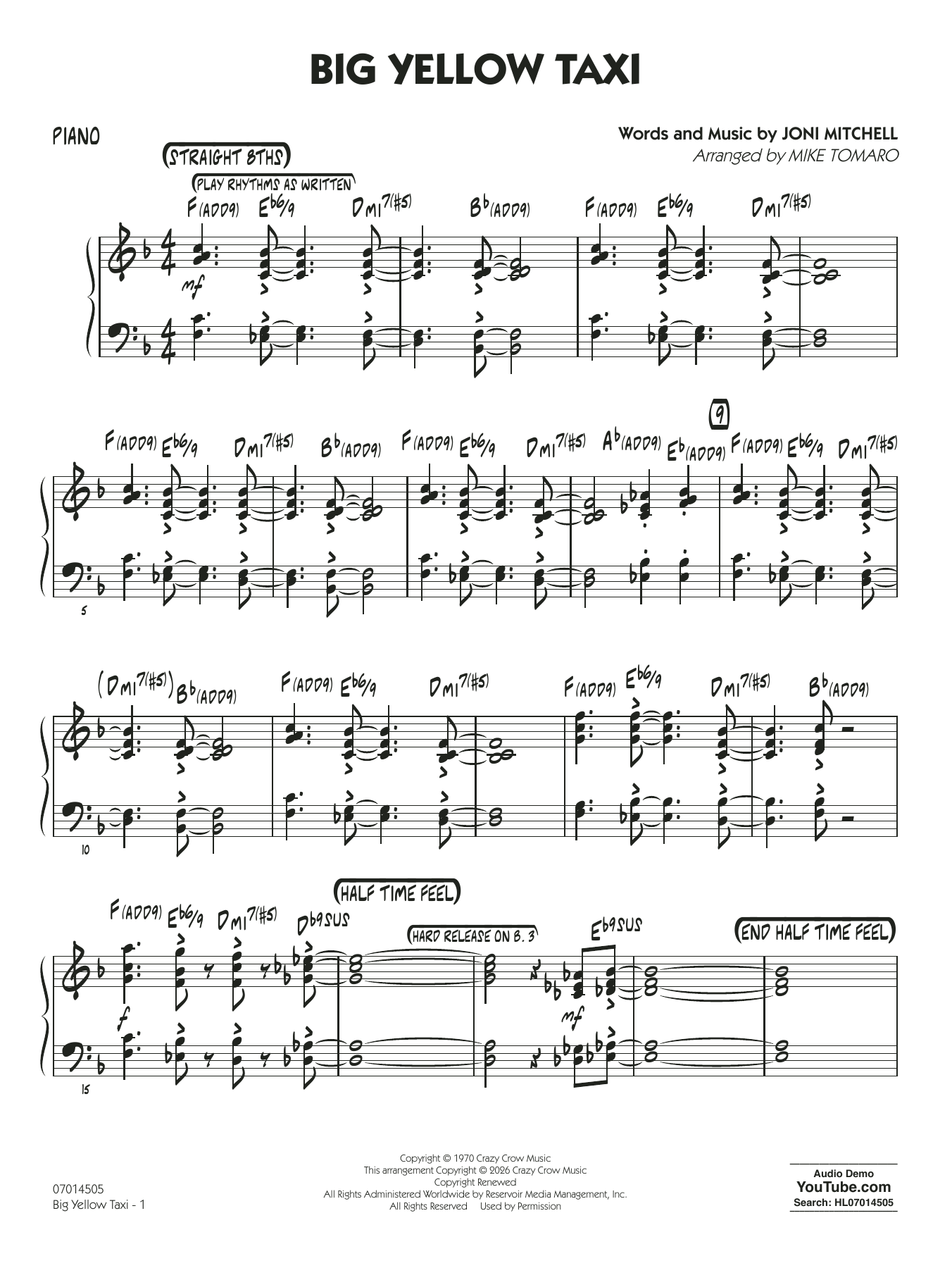Big Yellow Taxi (arr. Mike Tomaro) - Piano