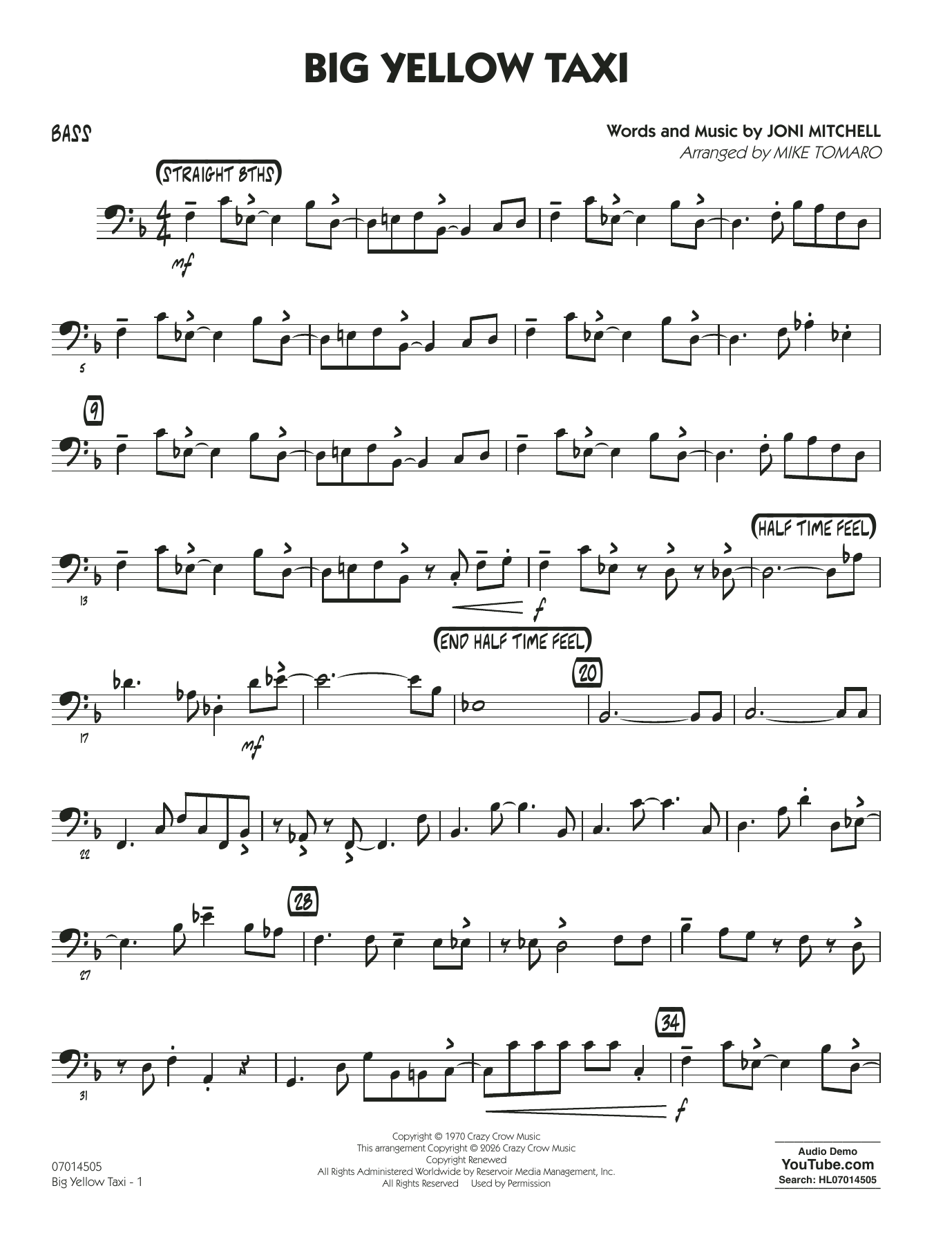 Big Yellow Taxi (arr. Mike Tomaro) - Bass