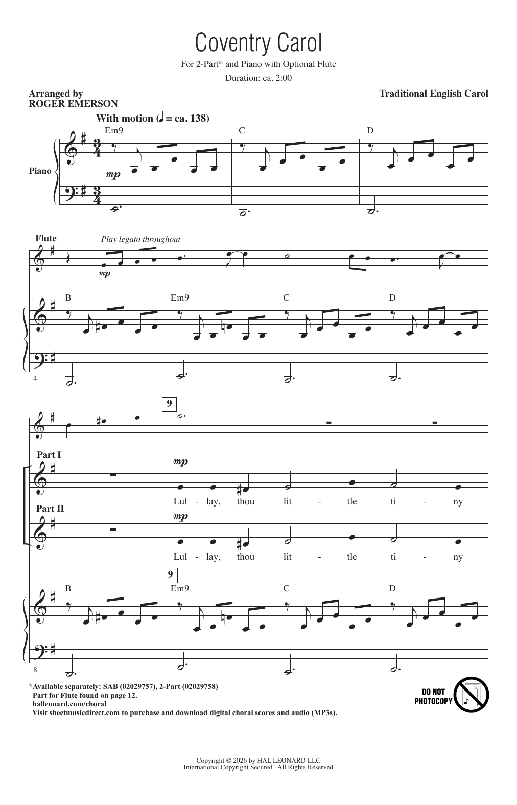 Coventry Carol (arr. Roger Emerson): 2-Part Choral Octavo