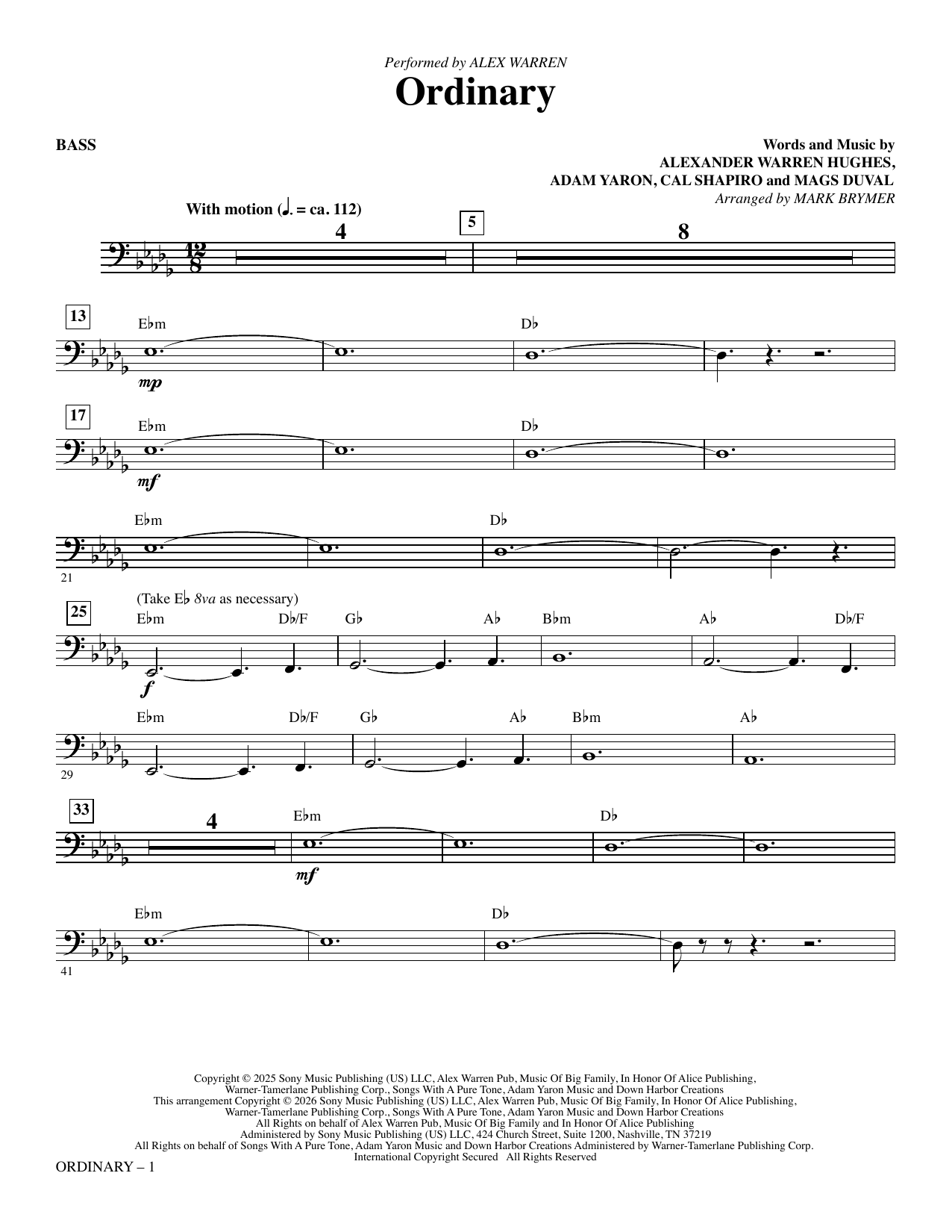 Ordinary (arr. Mark Brymer) - Bass: Choral Instrumental Pak