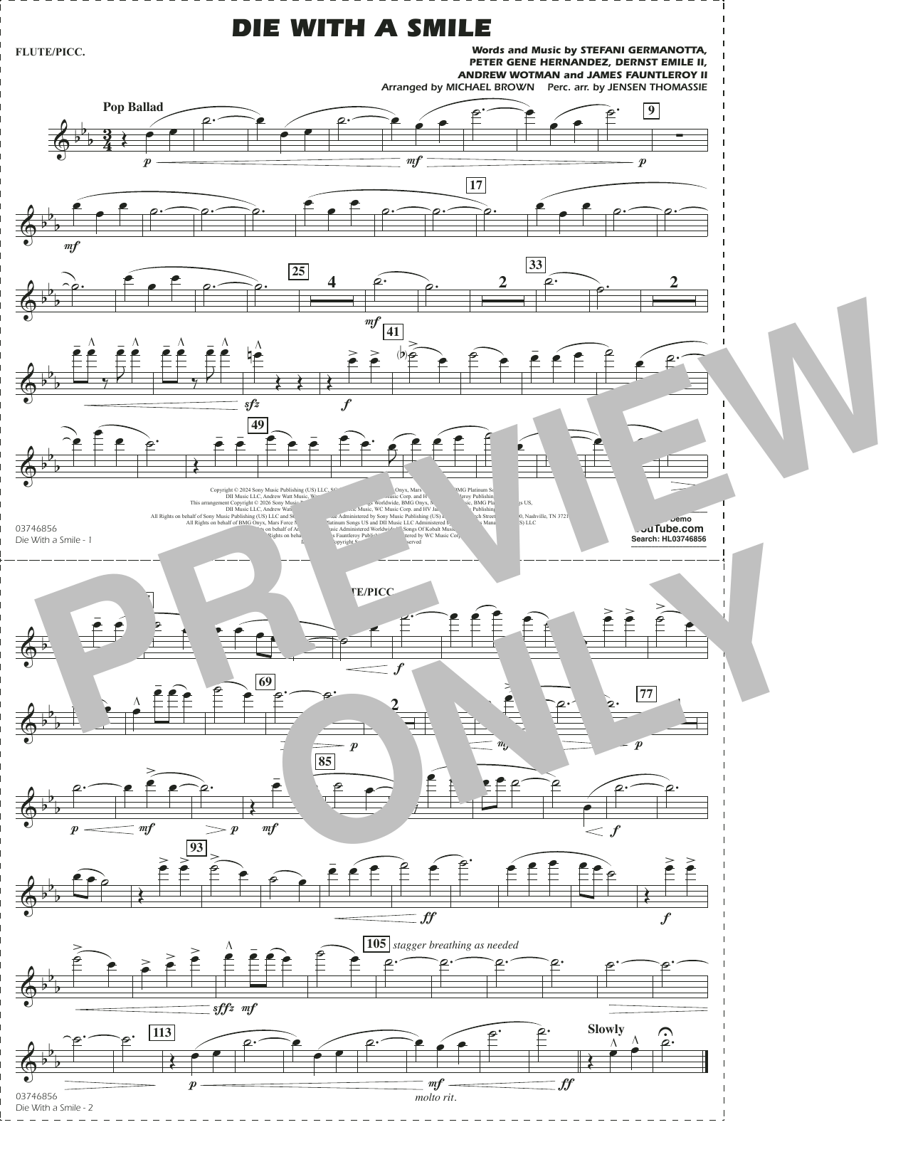 Die With A Smile (arr. Michael Brown) - Flute/Piccolo