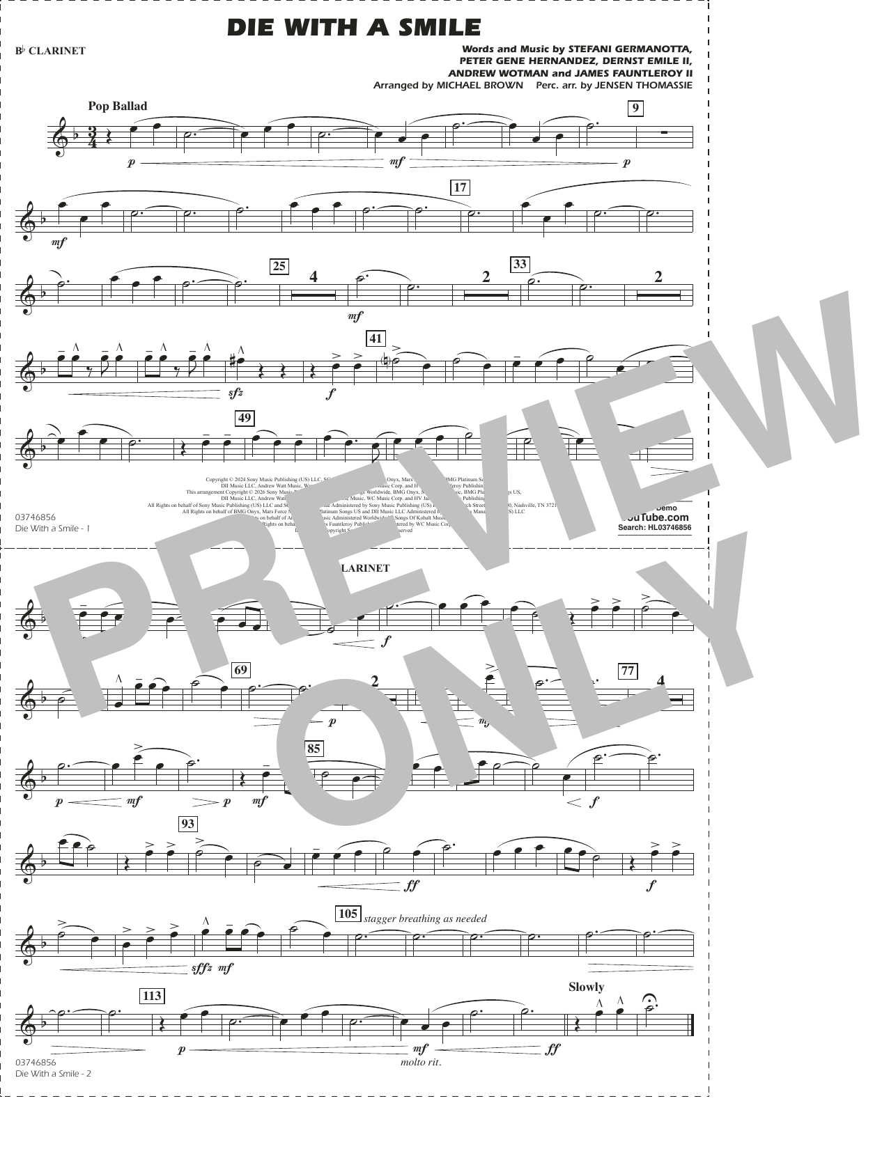 Die With A Smile (arr. Michael Brown) - Bb Clarinet