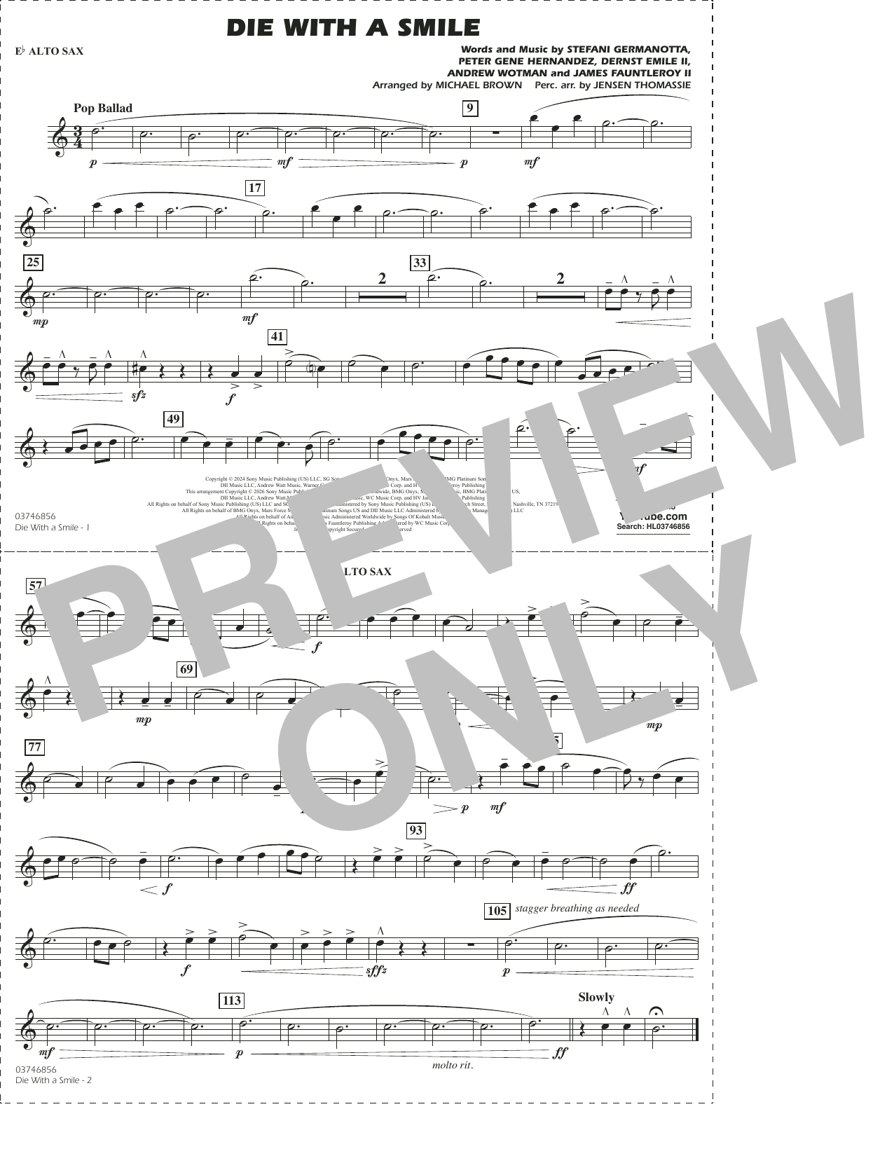 Die With A Smile (arr. Michael Brown) - Eb Alto Sax