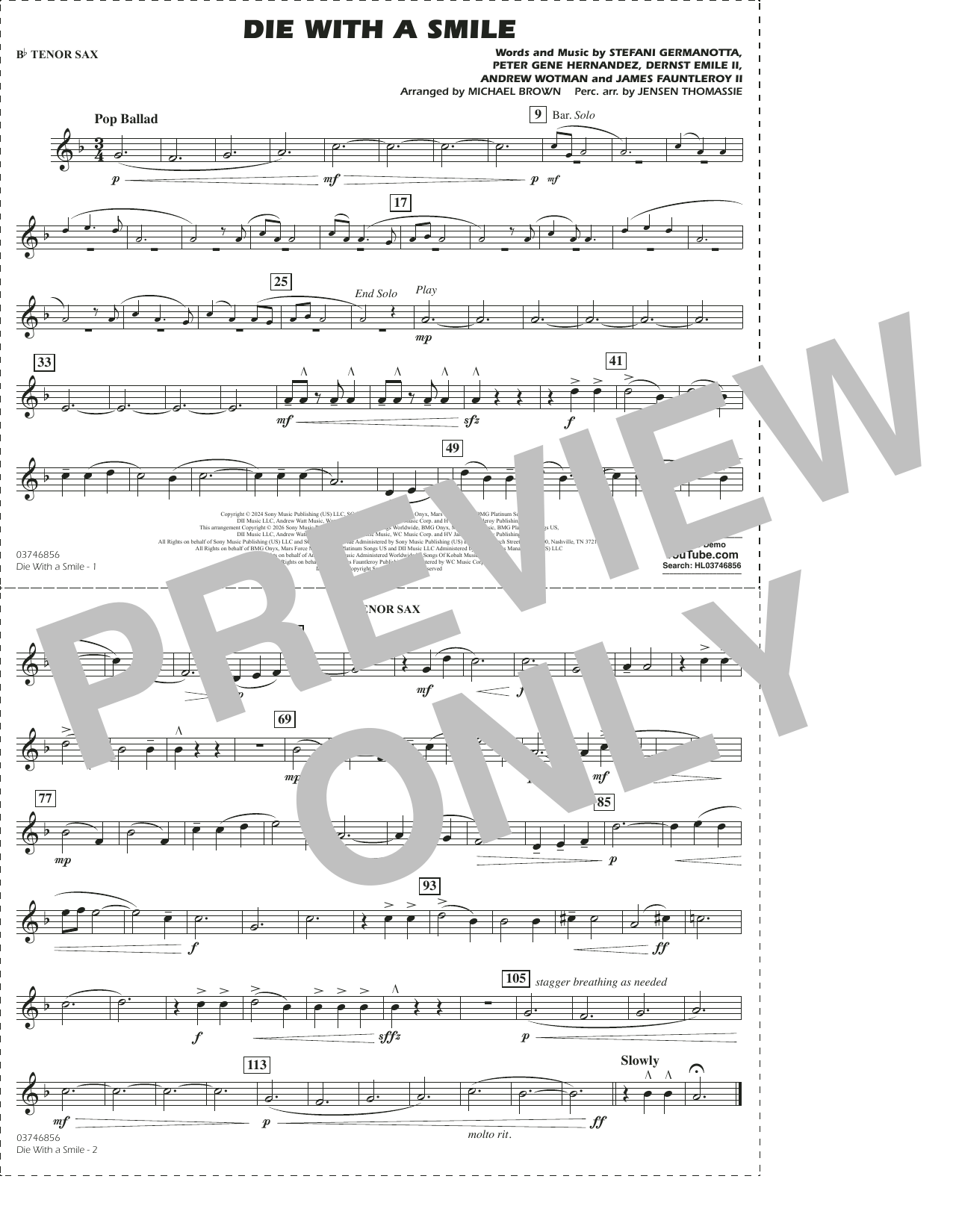 Die With A Smile (arr. Michael Brown) - Bb Tenor Sax