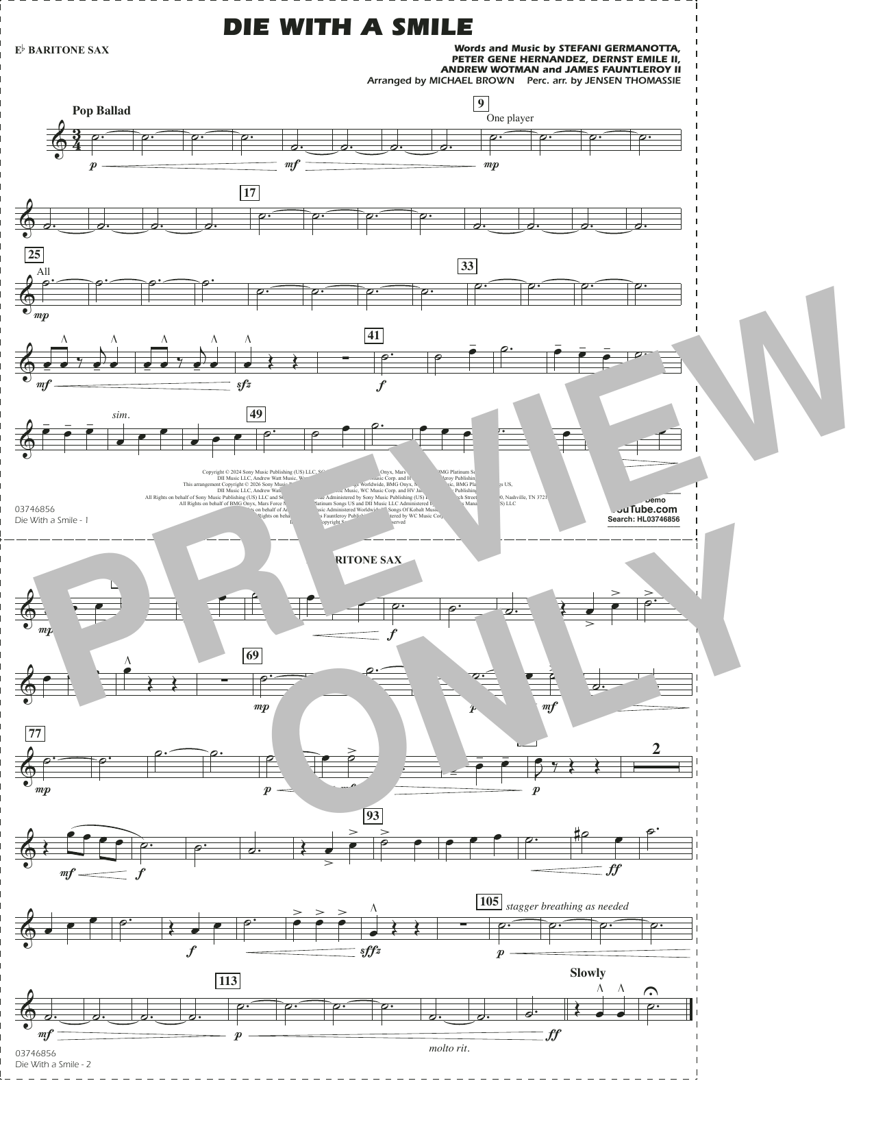 Die With A Smile (arr. Michael Brown) - Eb Baritone Sax