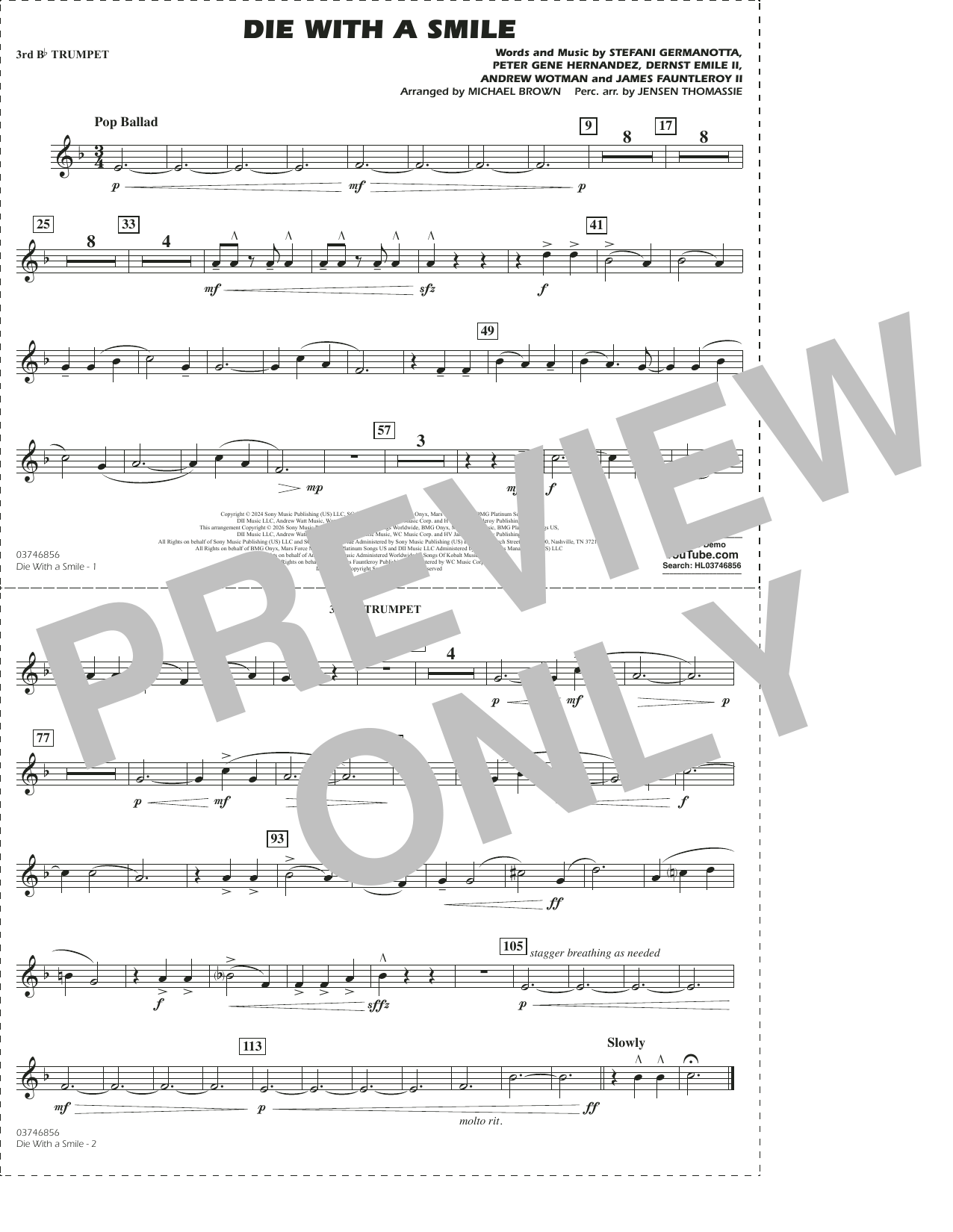 Die With A Smile (arr. Michael Brown) - 3rd Bb Trumpet