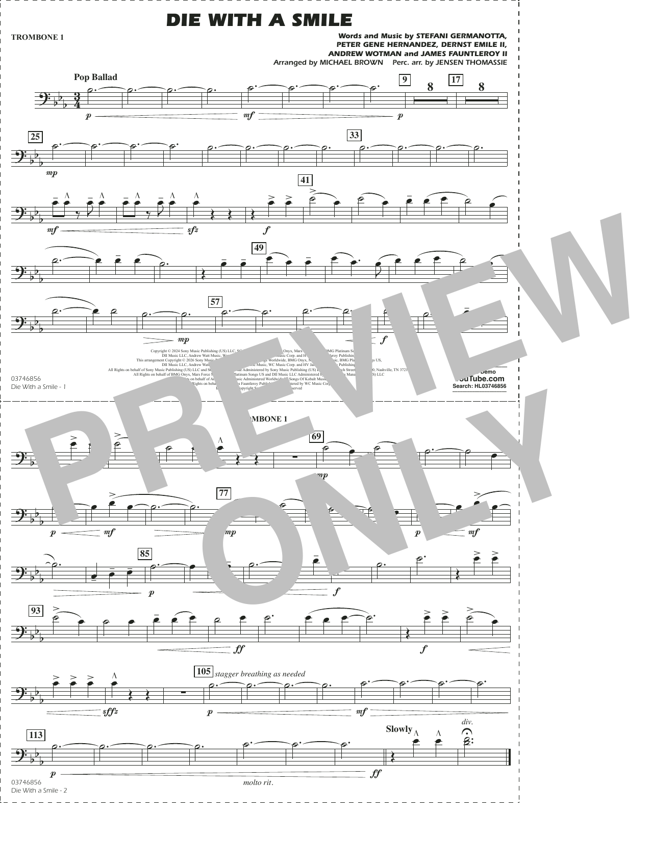 Die With A Smile (arr. Michael Brown) - 1st Trombone