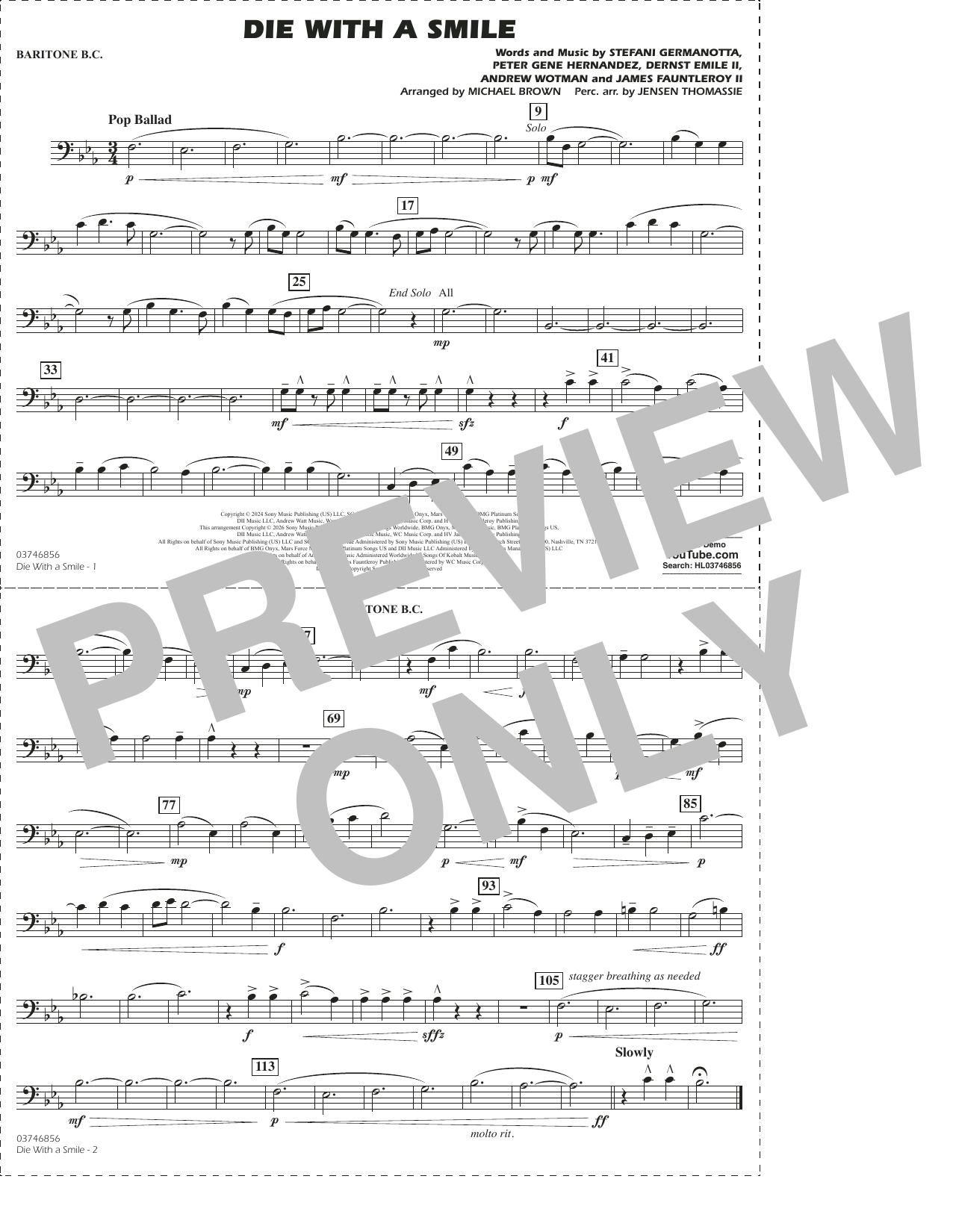 Die With A Smile (arr. Michael Brown) - Baritone B.C.