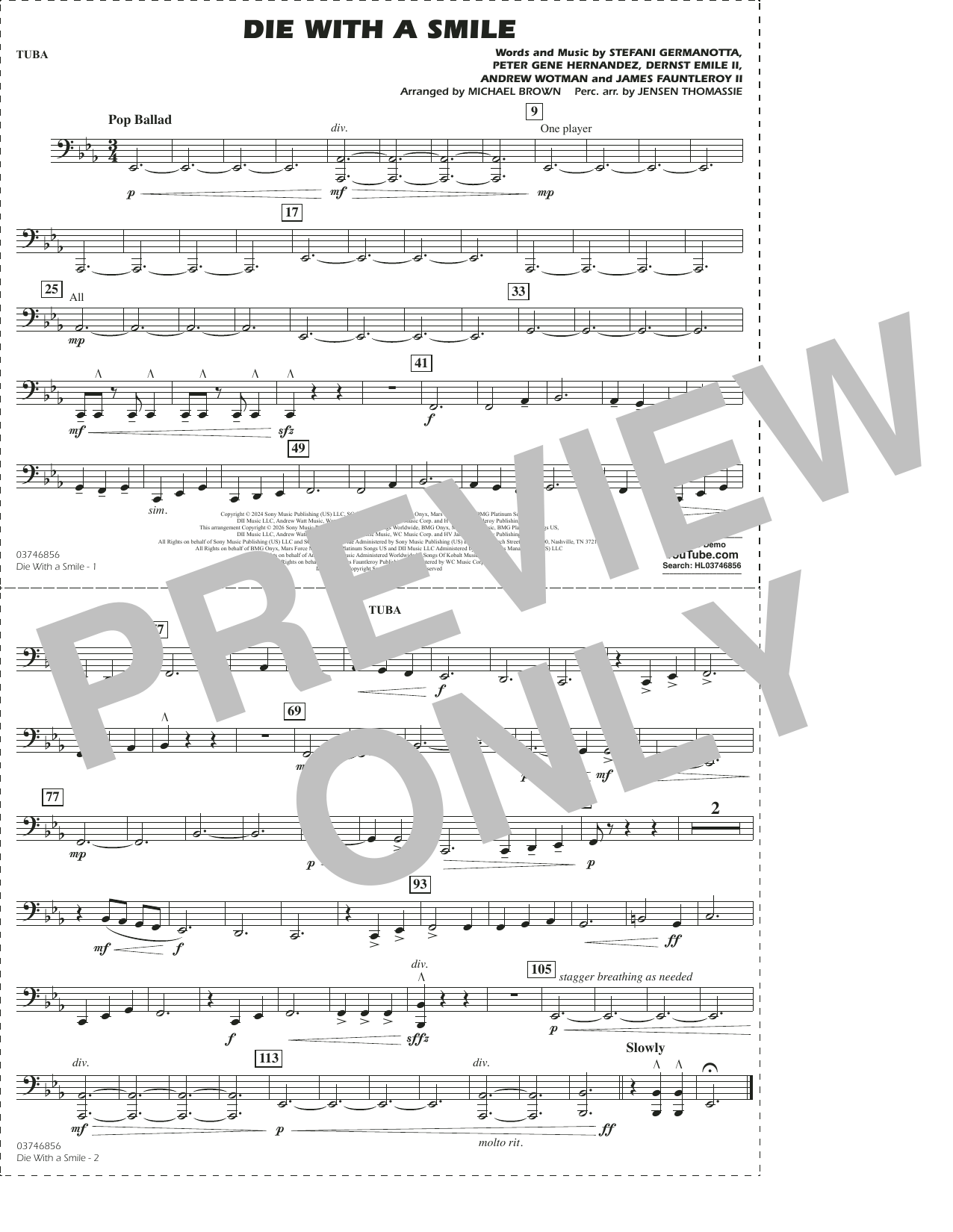 Die With A Smile (arr. Michael Brown) - Tuba